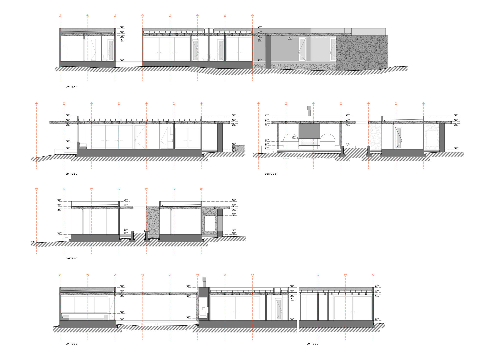 Set of five building section drawings showing flat roofs with pergola beams, glazed walls and a stone-clad end volume along a sloping ground line