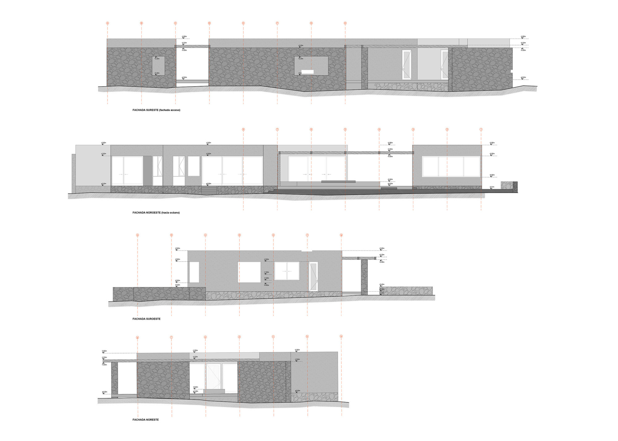 Four elevation drawings of a low flat-roofed house, with stone-clad walls, large glazed openings and a pergola along a gently sloping site