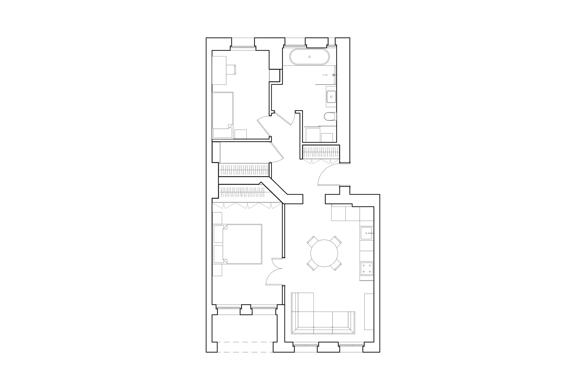 Floor plan drawing of an apartment with two bedrooms, a bathroom, and an open kitchen, dining and living room