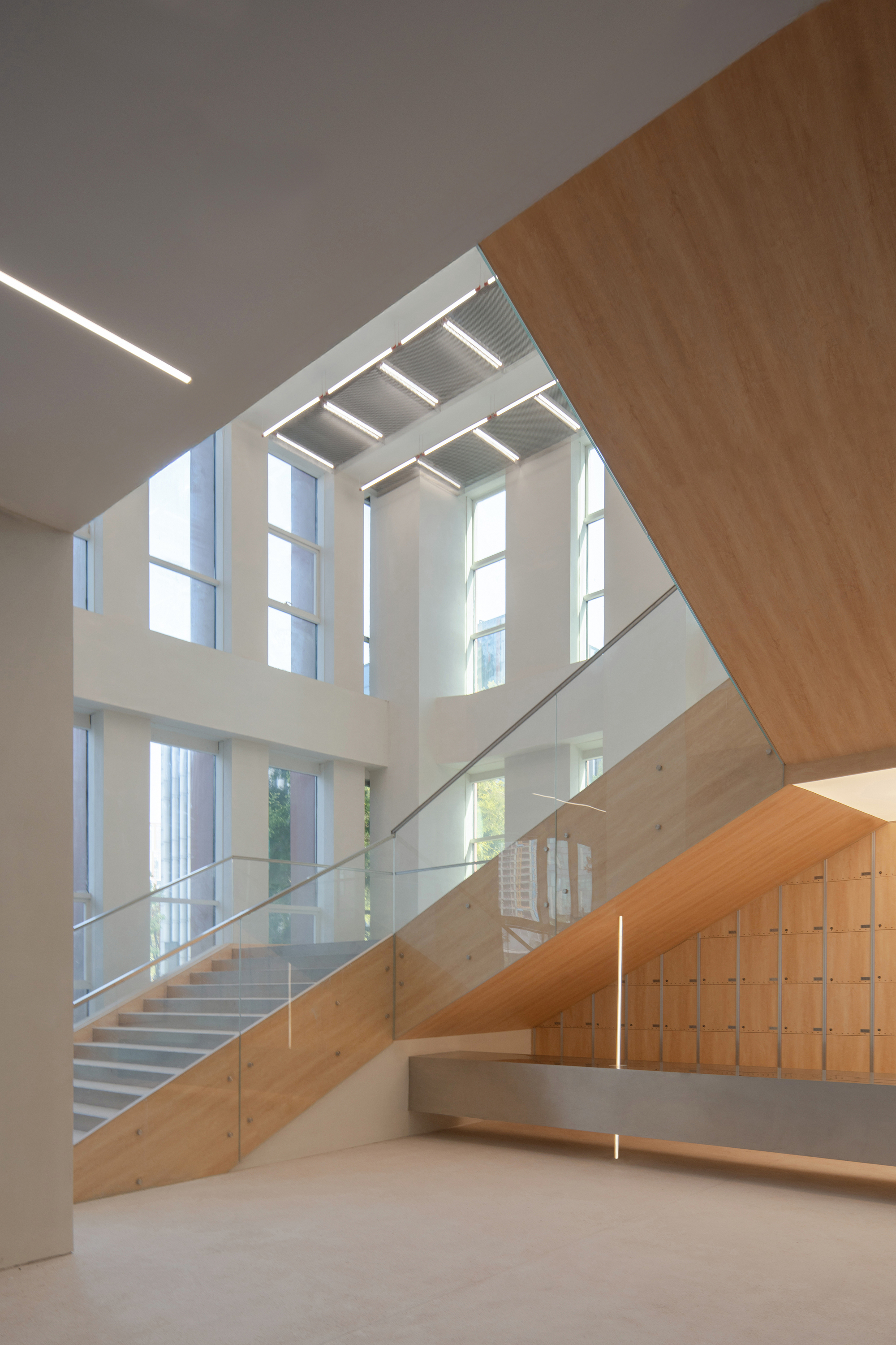 Open stairwell with glass balustrade, timber-clad stair sides and tall windows, lit by linear ceiling fixtures and daylight