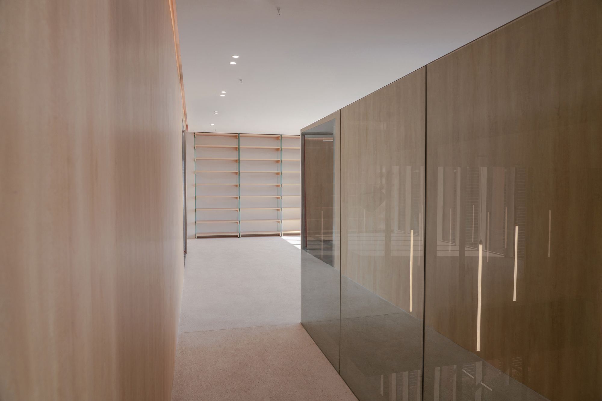 Narrow passage between a pale timber wall and glossy glass-fronted cabinets, leading to empty open shelving at the far end