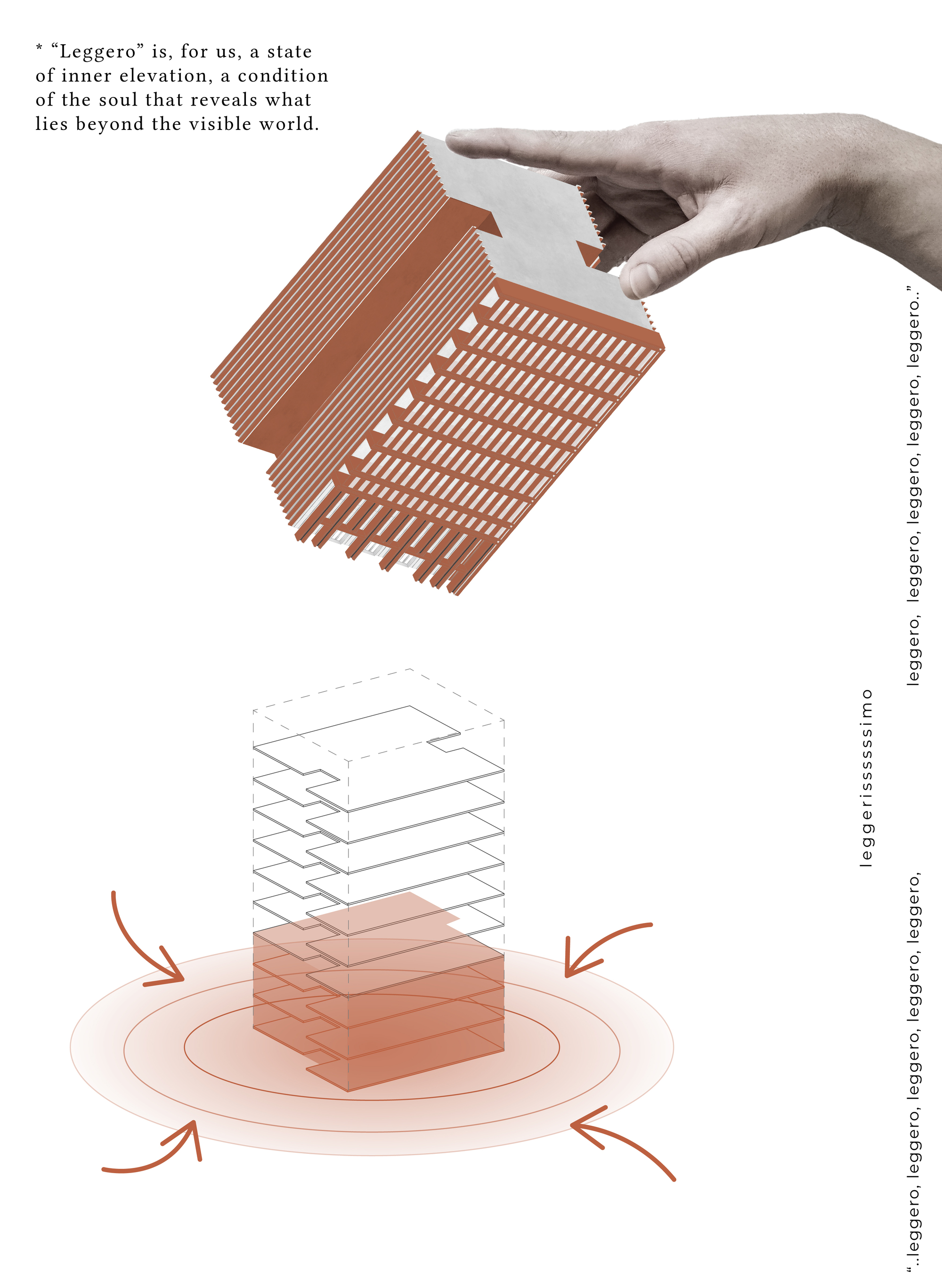 Exploded axonometric diagram of a stacked orange slab tower with a hand lifting the top layer, above a floor-plate breakdown