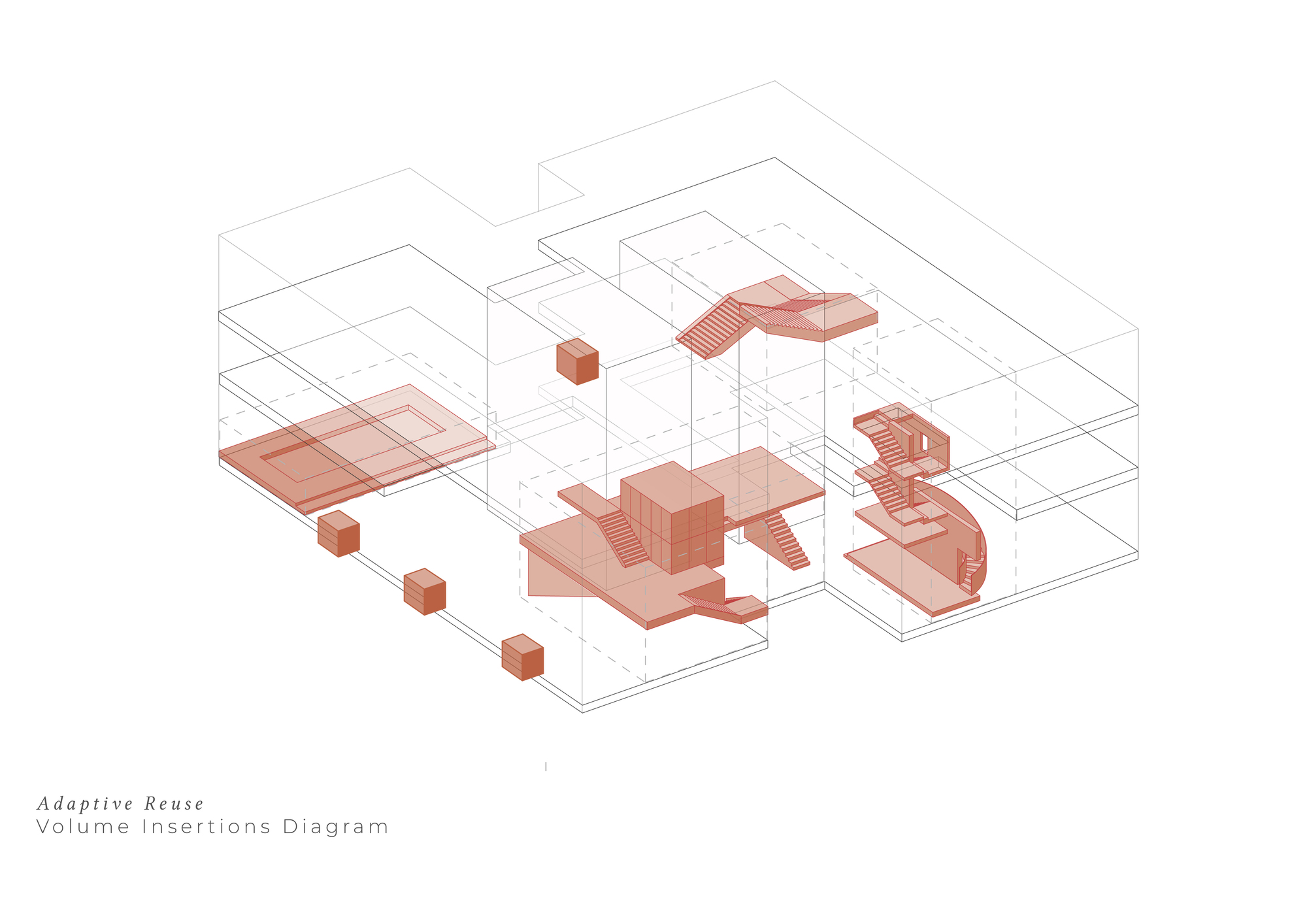 Axonometric diagram in salmon red showing inserted stair, platform and box volumes within the thin-lined outline of an existing multi-storey frame