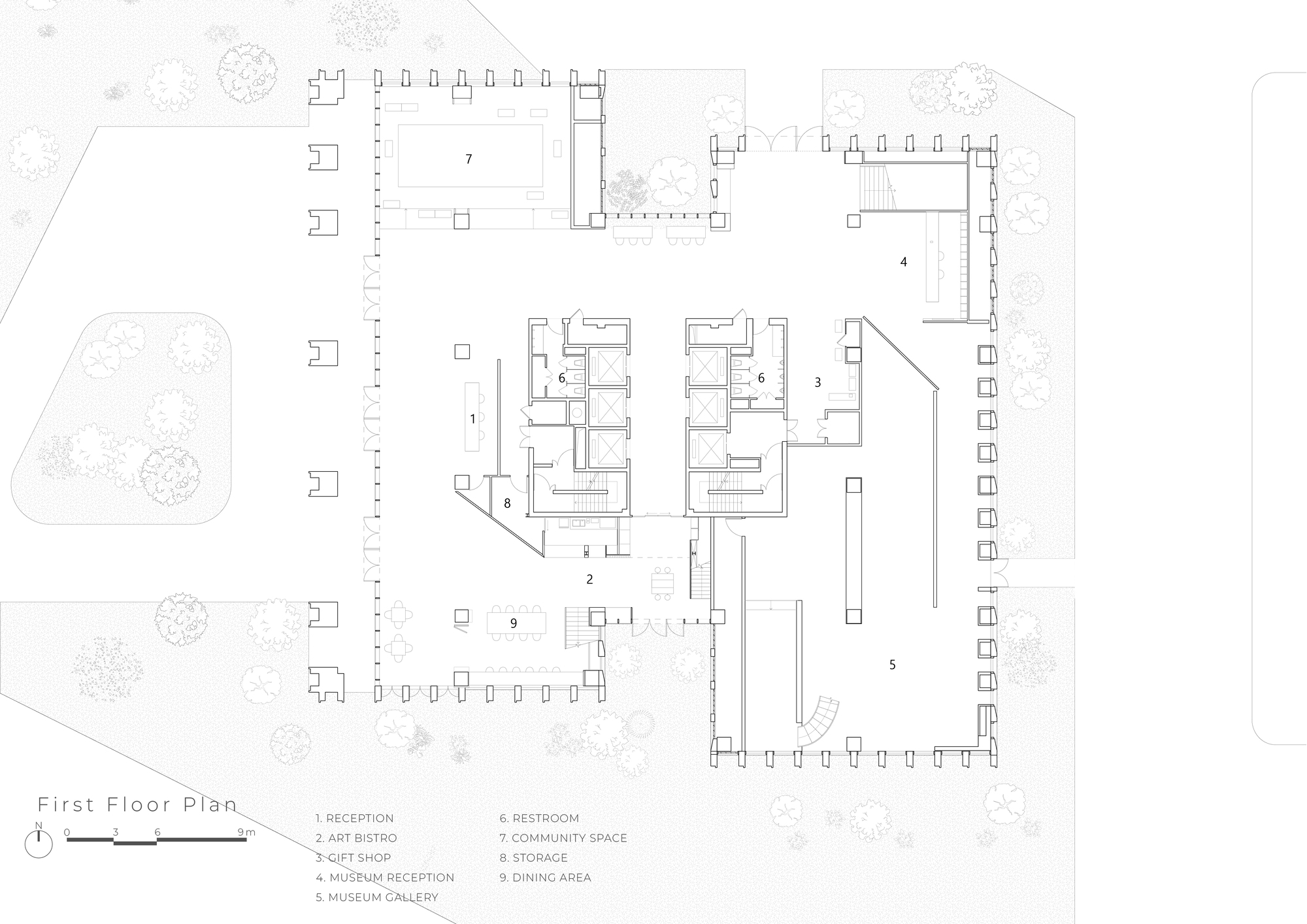 First floor plan drawing showing a central core with two lift and stair blocks, a perimeter column grid, gallery, bistro and surrounding planted grounds