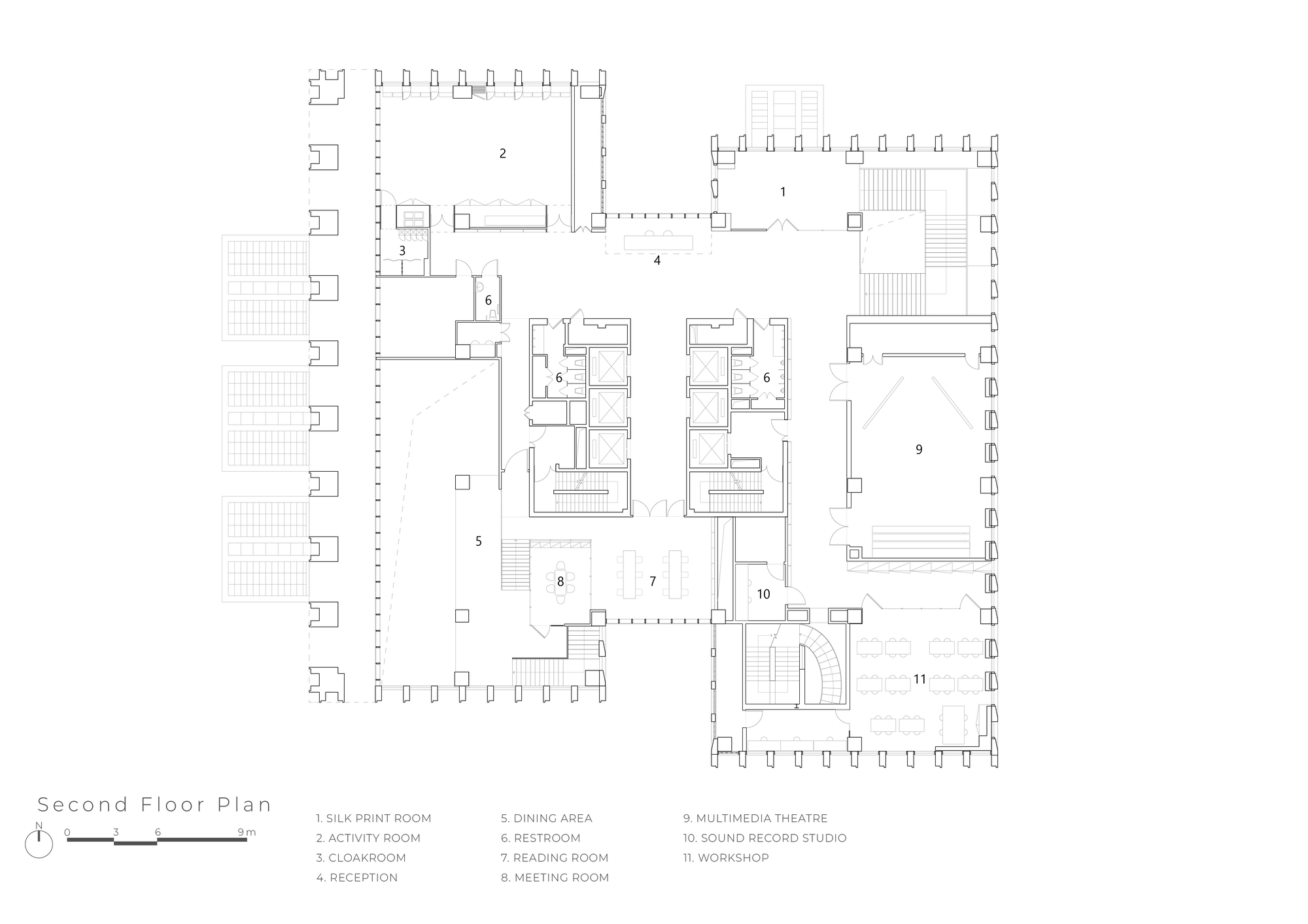 Second floor plan drawing showing activity rooms, a multimedia theatre, reading and meeting rooms arranged around two central service cores