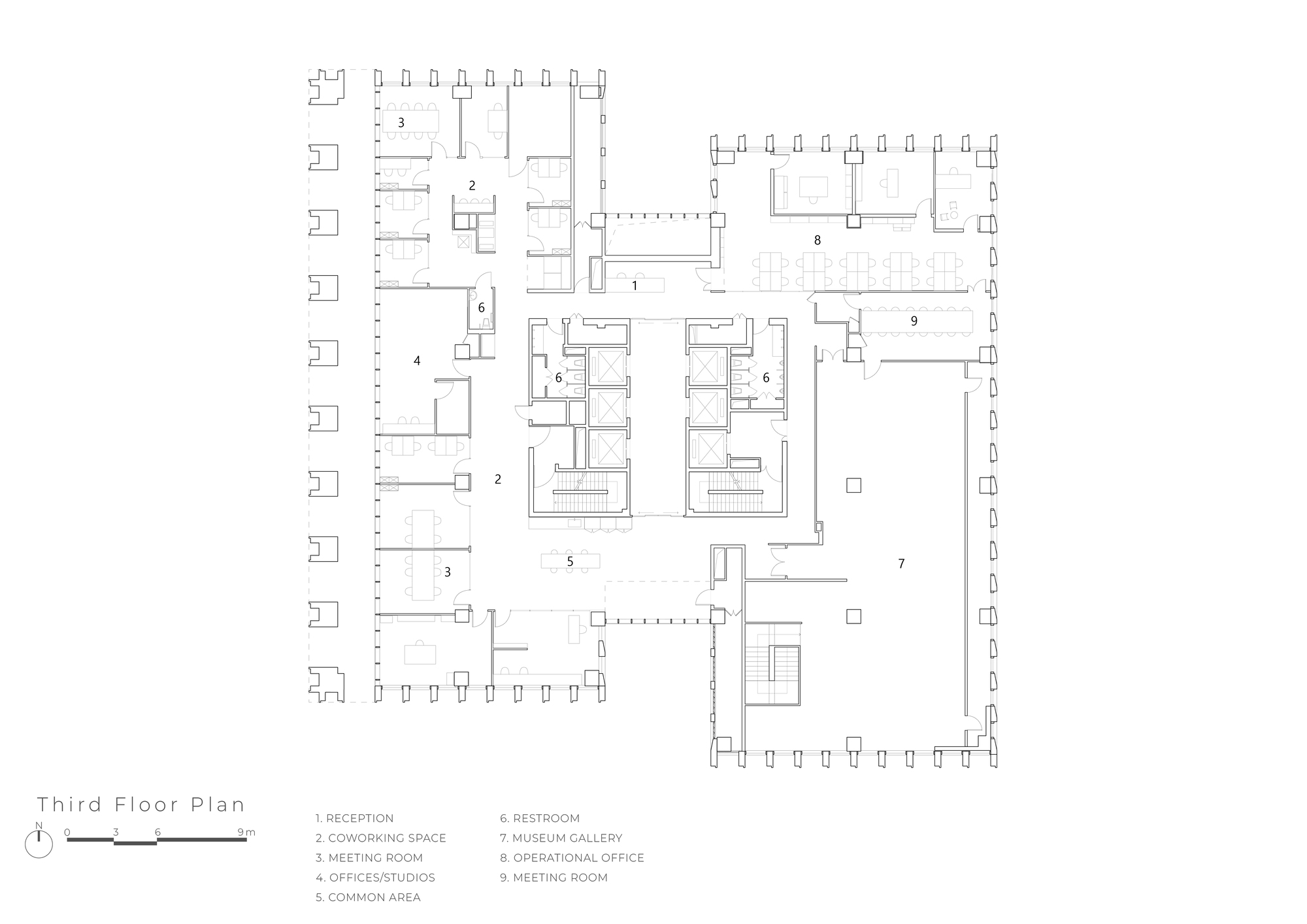 Third floor plan drawing showing coworking offices and studios along the west edge, operational offices to the north and a large gallery to the southeast