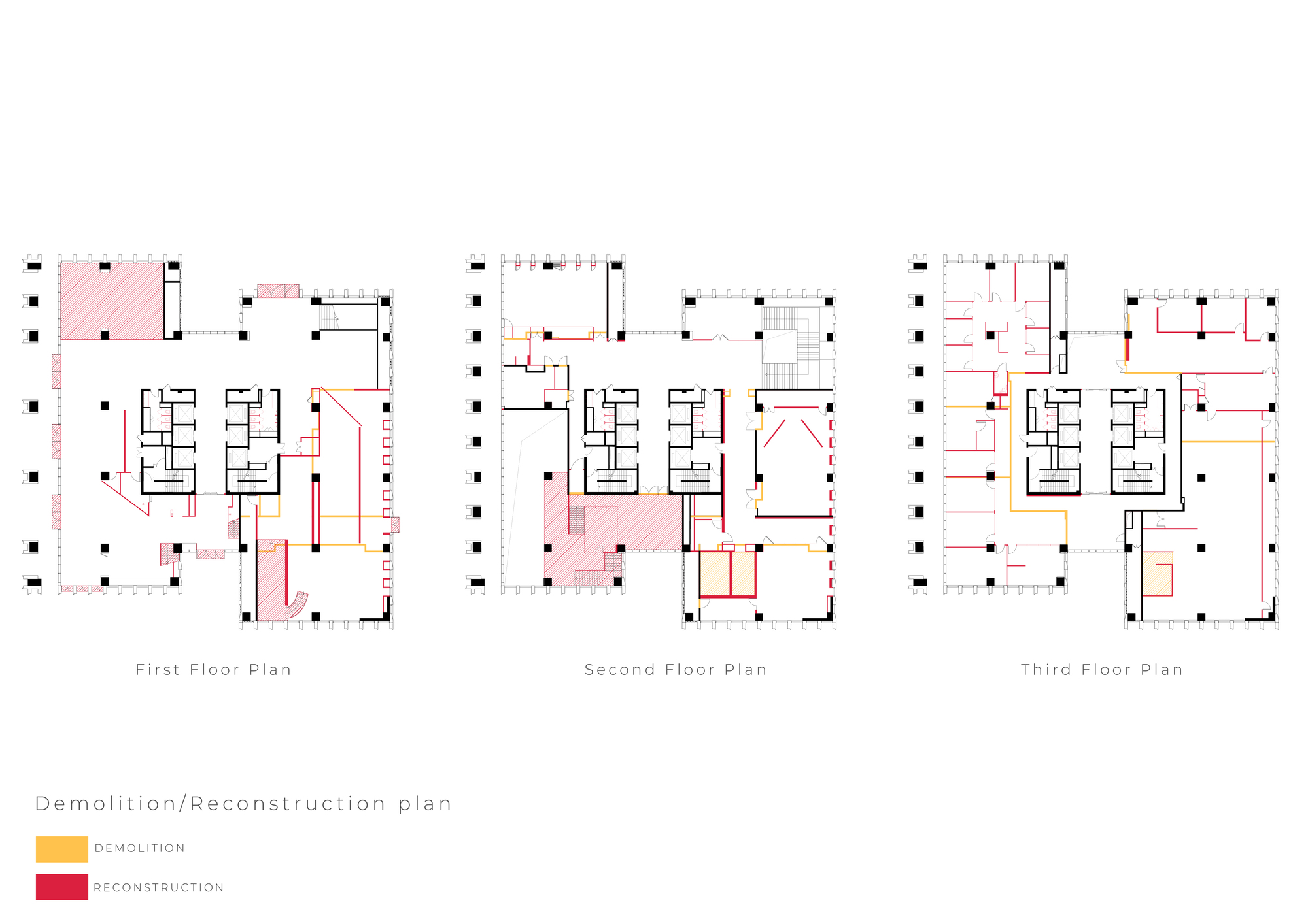 Three side-by-side floor plan drawings marking demolished walls in yellow and reconstructed walls in red across the first, second and third levels