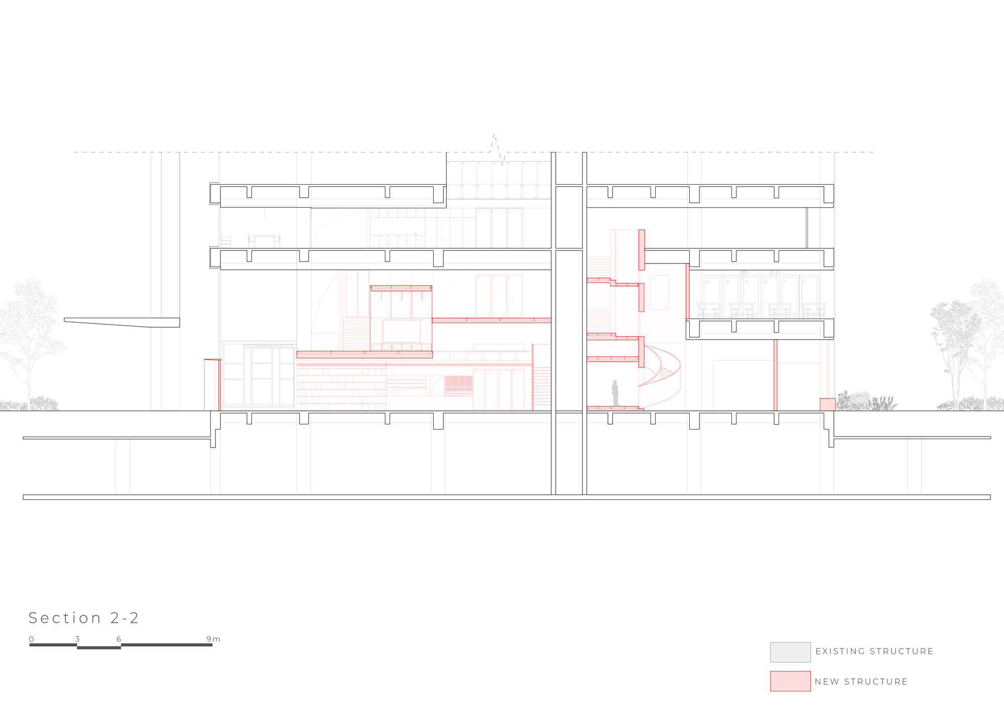 Section drawing with new structure in red against grey existing floors, showing an inserted spiral stair, a small standing figure and trees at both edges