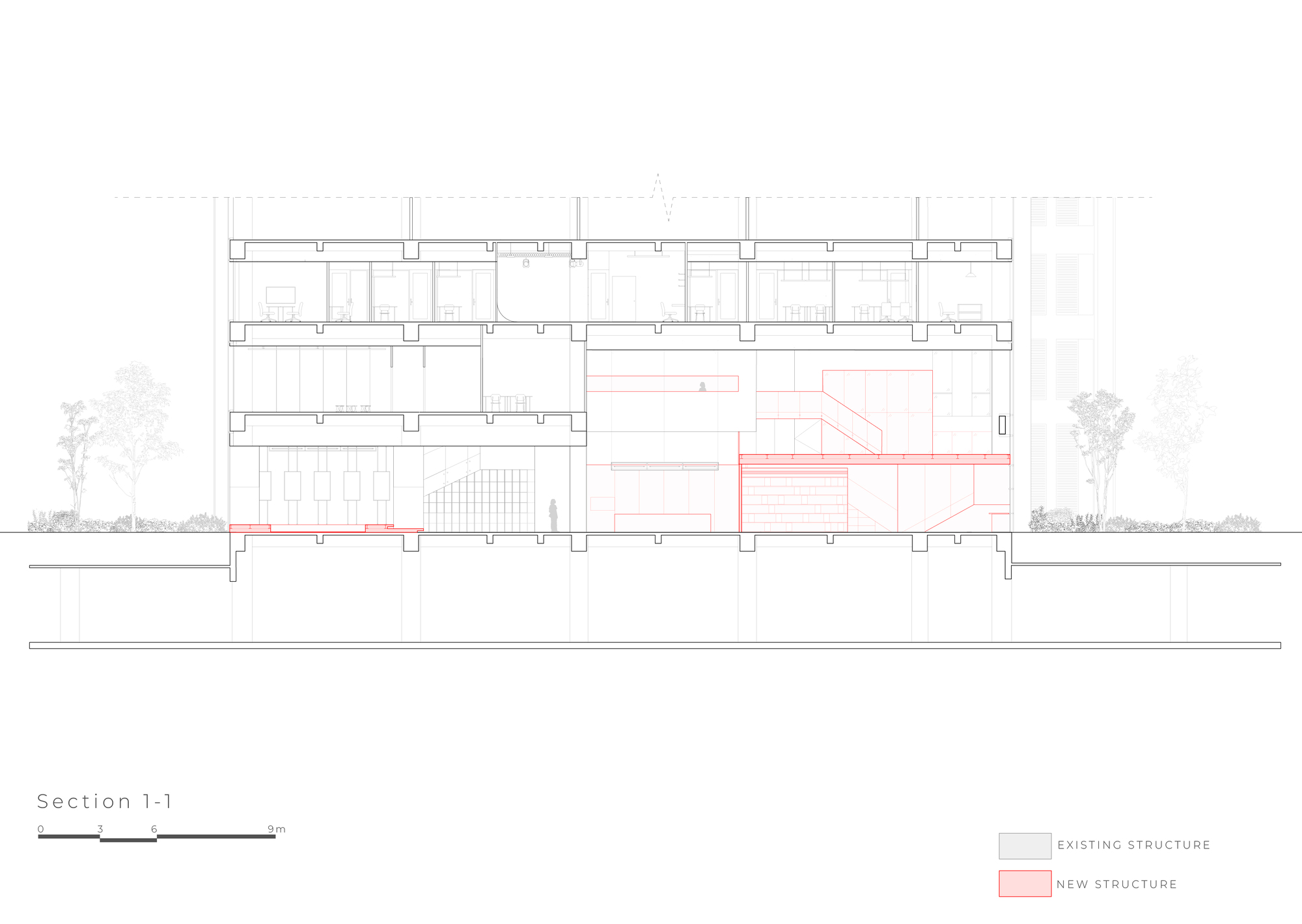 Section drawing of a multistorey frame with new structure in red, showing inserted stairs and floor levels among existing columns
