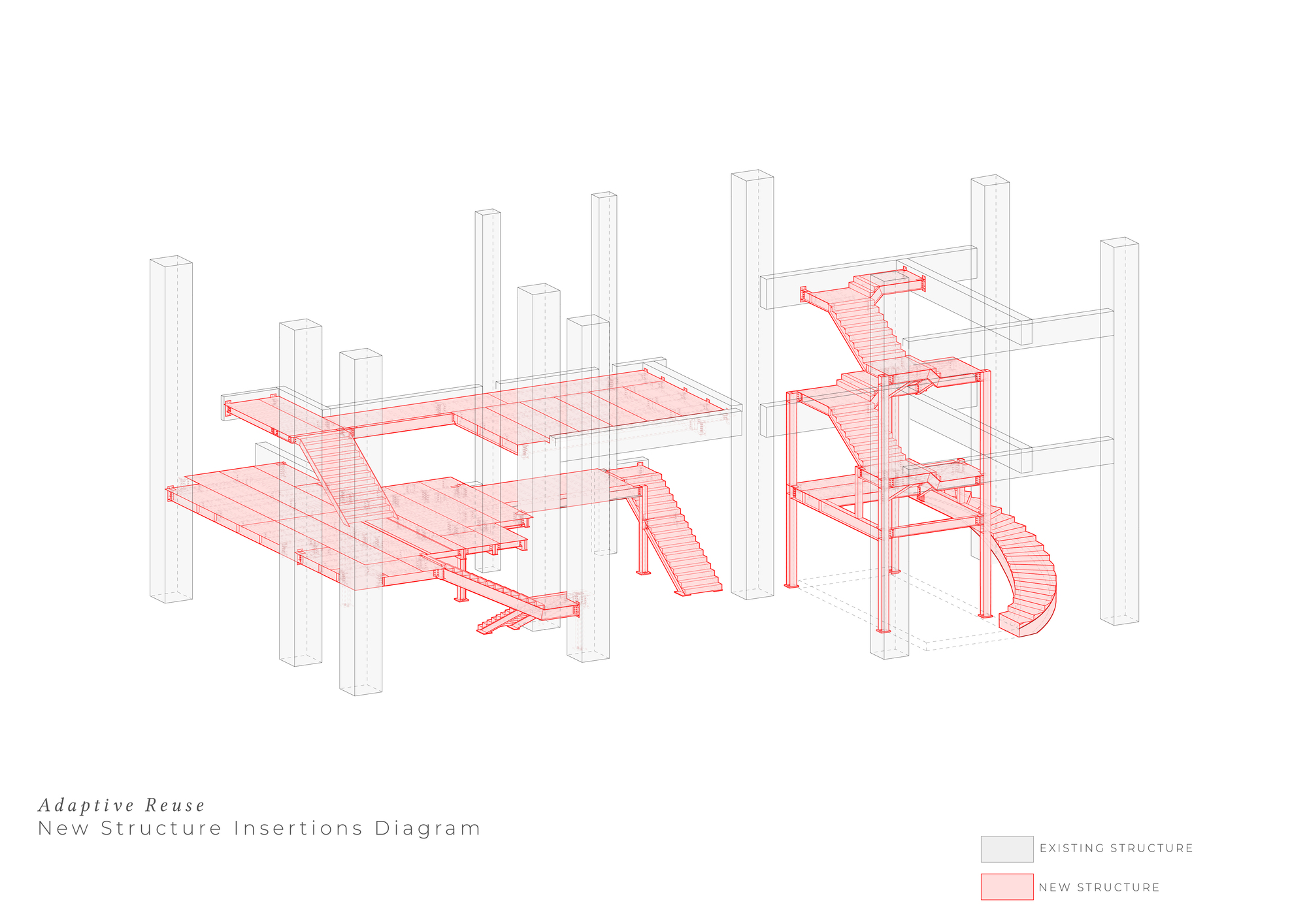 Axonometric diagram of new red stair and platform insertions set between tall existing concrete columns, including a spiral stair