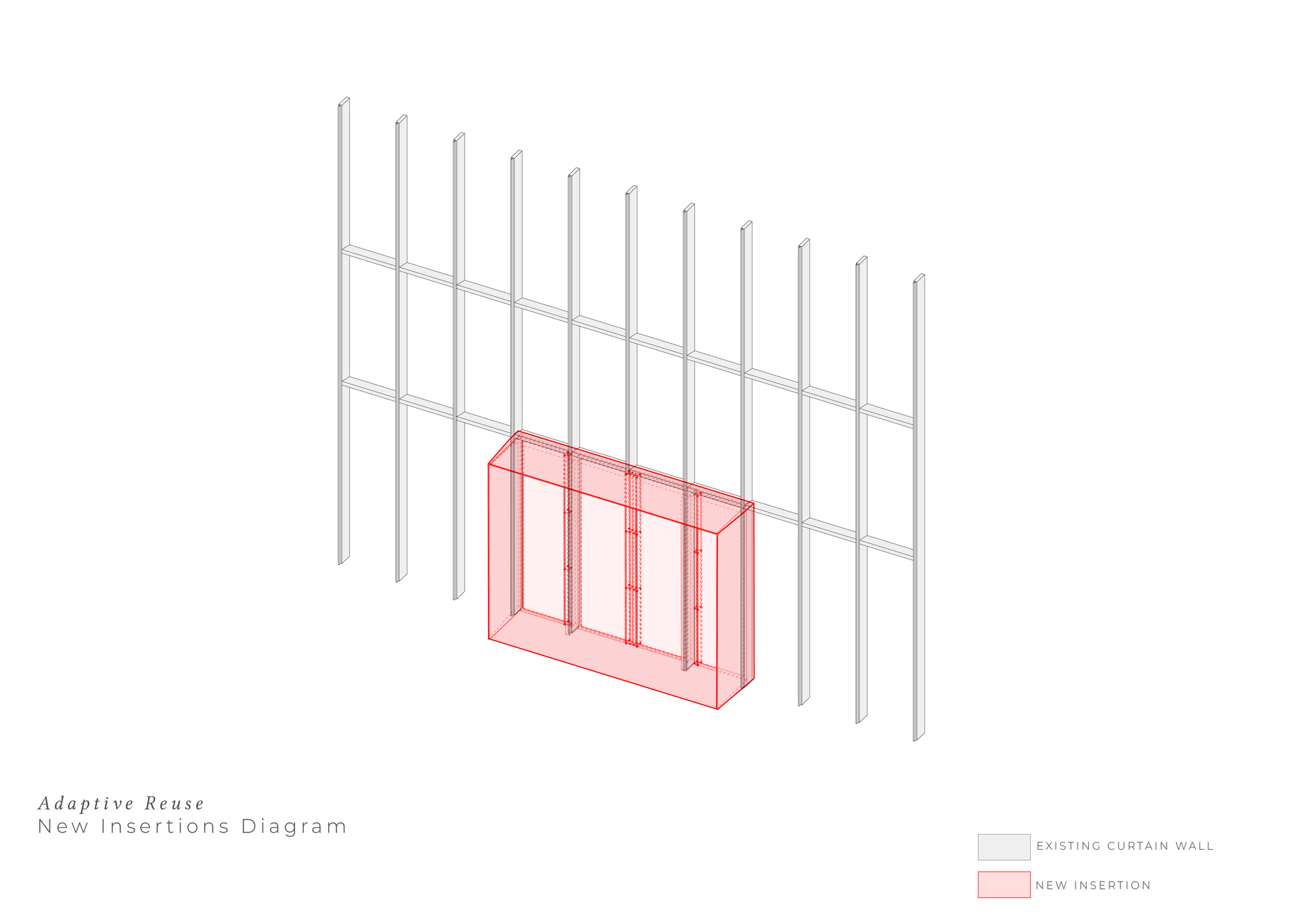 Axonometric diagram of a red box insertion set into the grid of an existing curtain wall