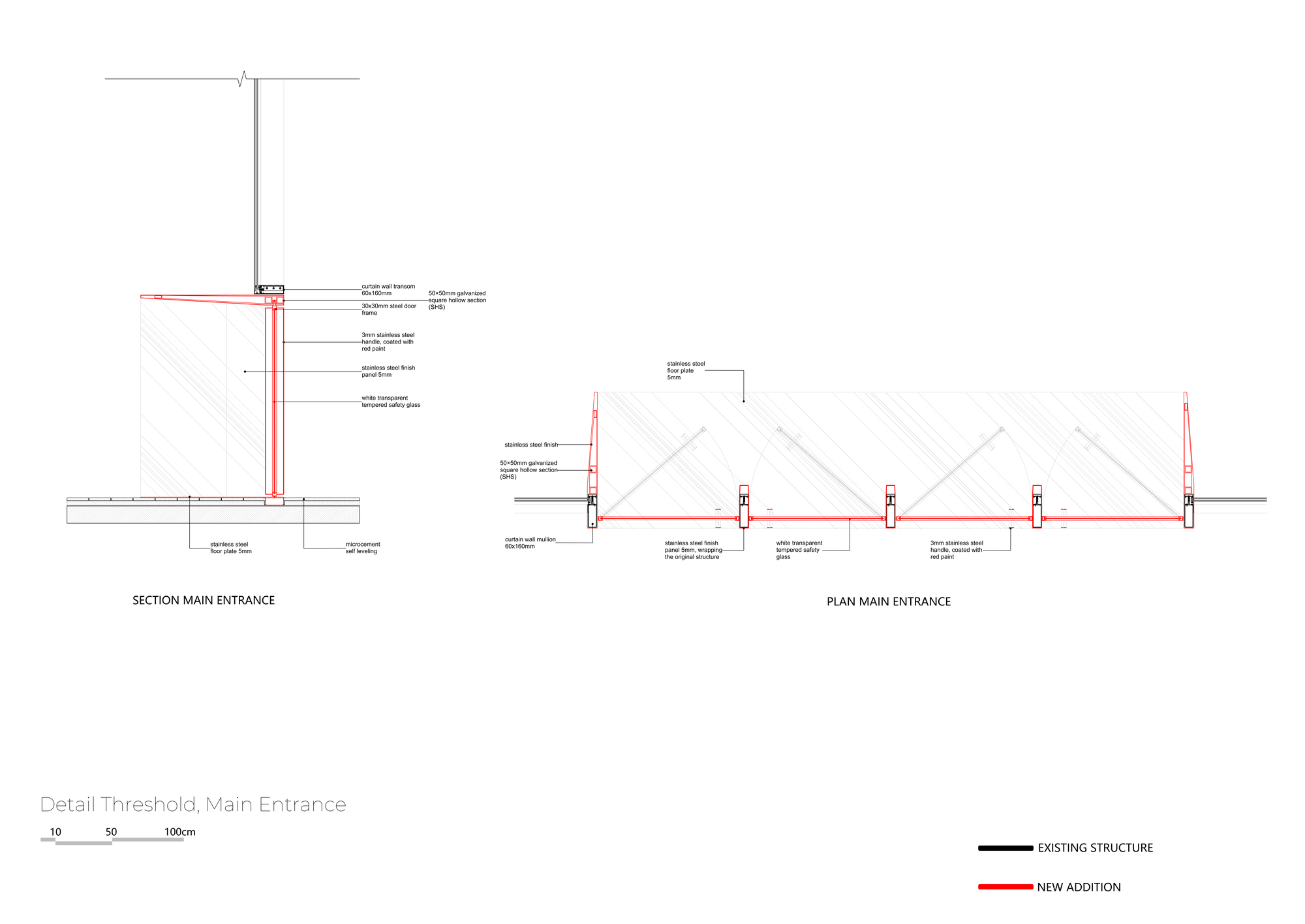 Detail drawings of the main entrance threshold, a section and a plan showing red glazed door frames, steel plates and mullions