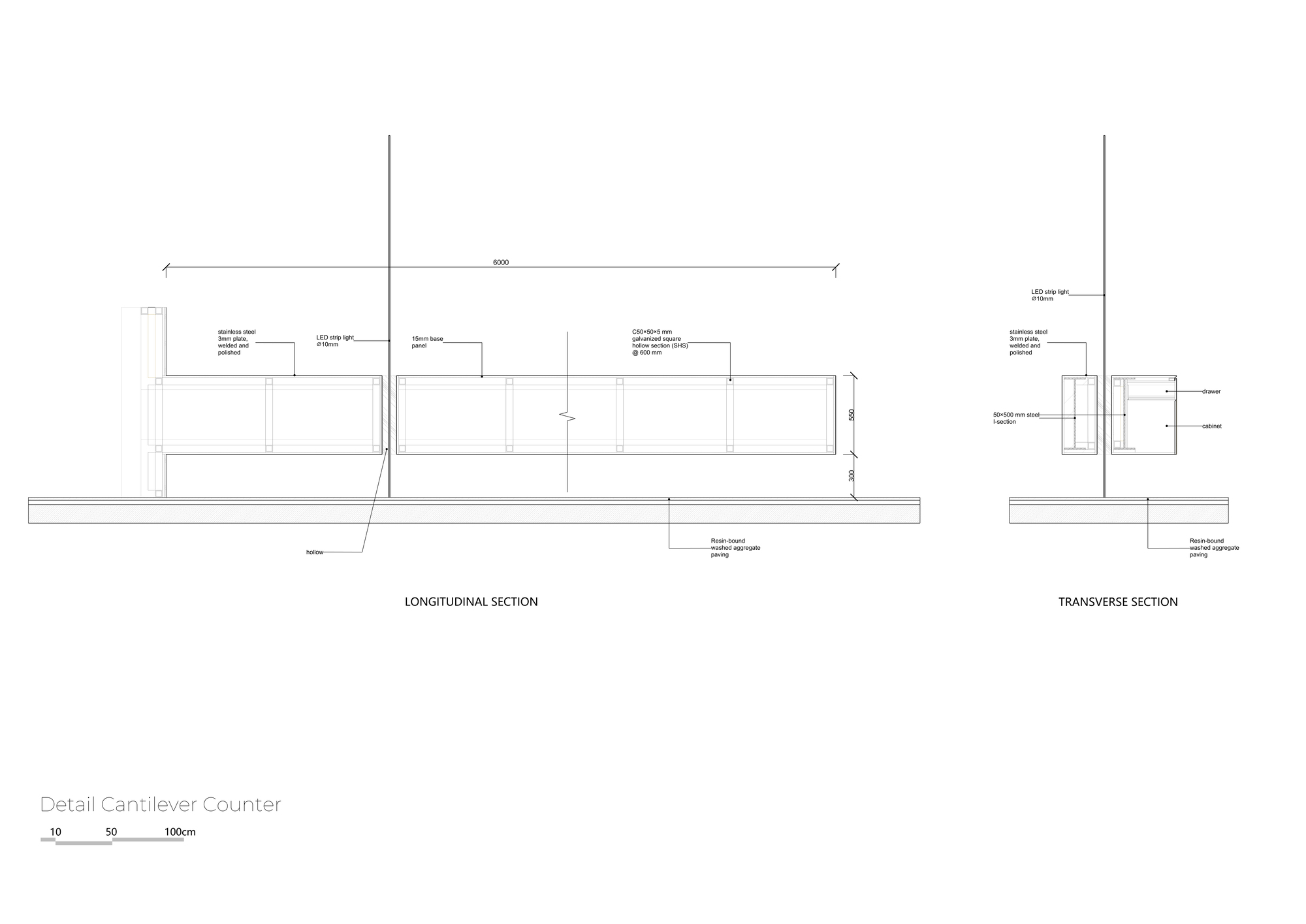 Longitudinal and transverse section drawings of a cantilever counter with steel plate casing, LED strip light and drawers over paving