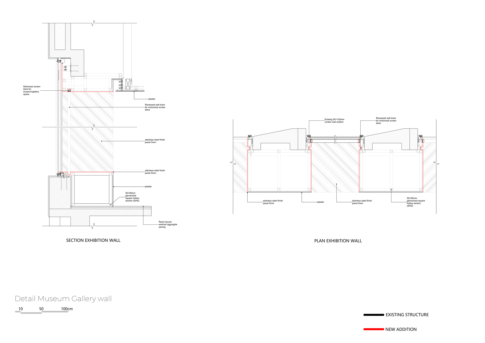 Section and plan drawings of a gallery exhibition wall, with new additions in red against the existing structure in black