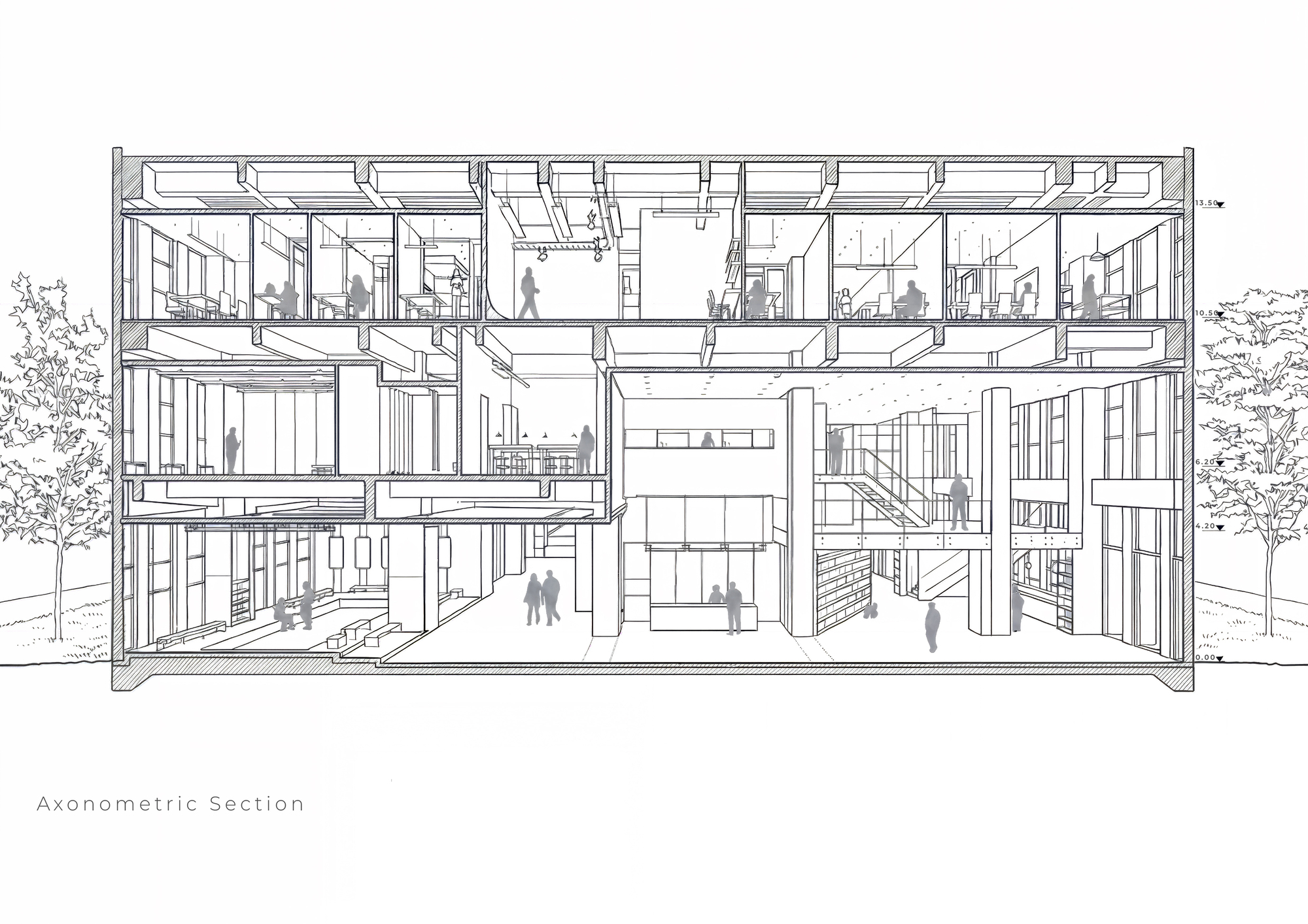 Axonometric section drawing cutting through a multistorey building, showing staircases, double-height atrium, offices and figures among trees on either side
