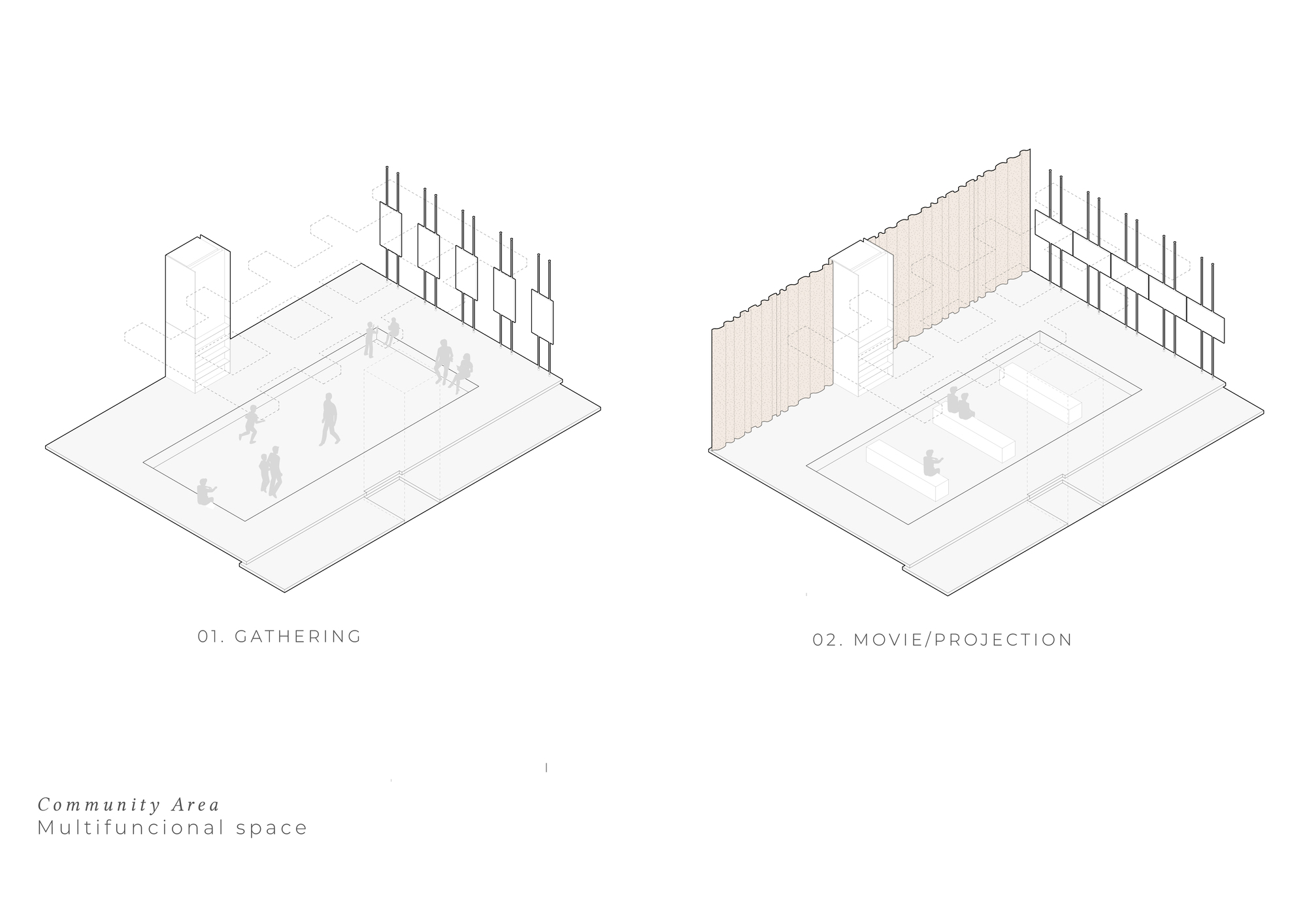 Axonometric diagrams of a community area set up for gathering and for movie projection with hanging curtains and bench seating