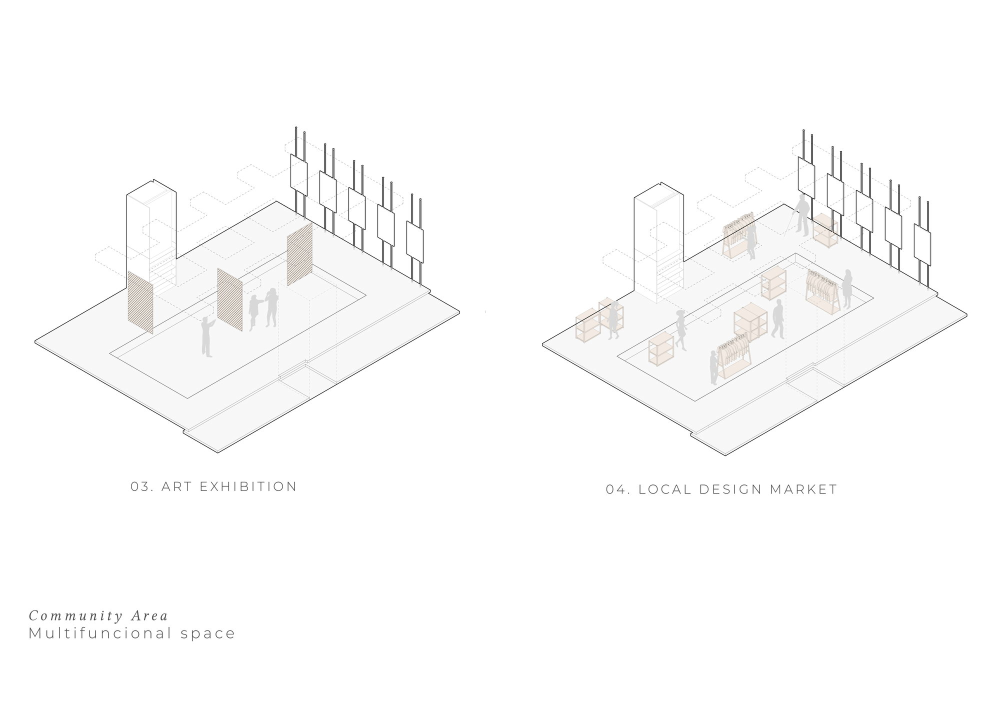 Axonometric diagrams of the same community area arranged as an art exhibition and as a local design market with stalls