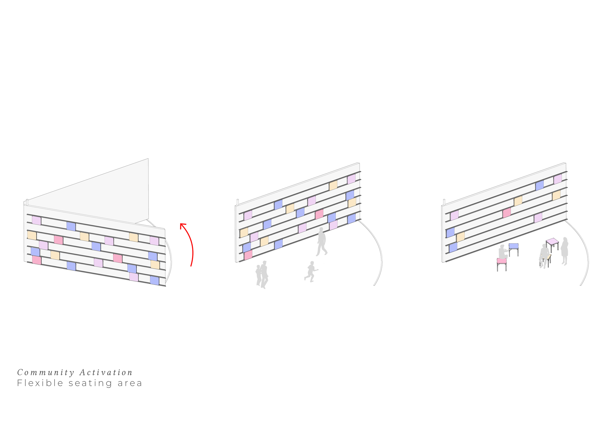 Axonometric diagrams of a slatted wall with colored panels folding open to create a flexible seating area with tables and people