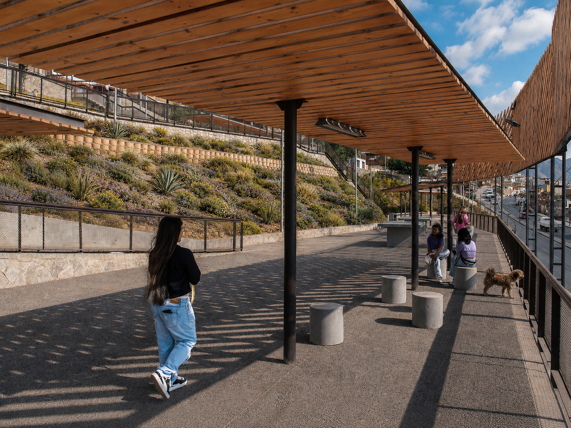 Shaded promenade under a slatted timber roof on steel posts, with concrete stools, seated people and a dog in afternoon light