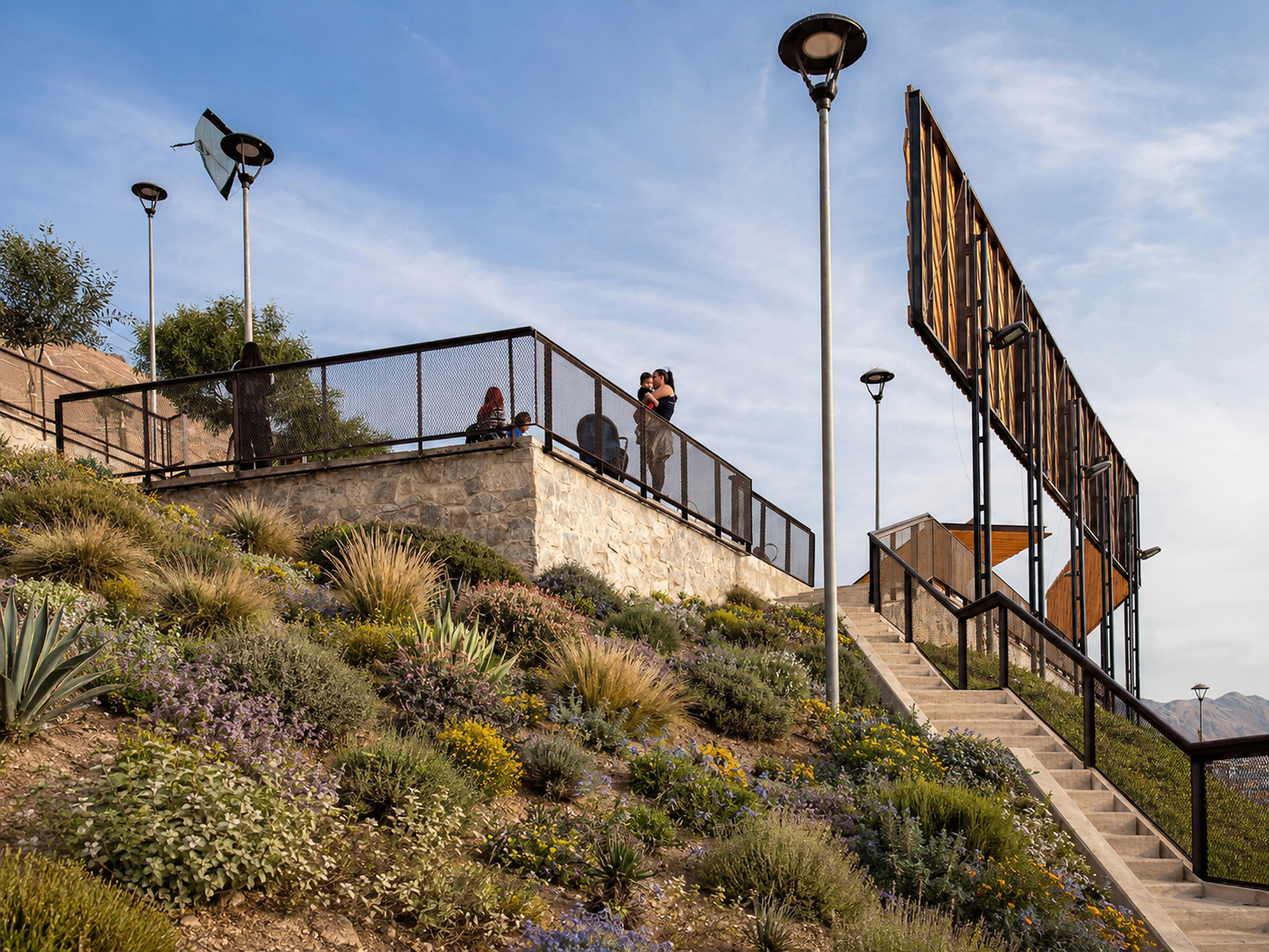 Stone-walled lookout with mesh railing above a flowering slope, a couple at the edge and a concrete stair rising toward the slatted screen