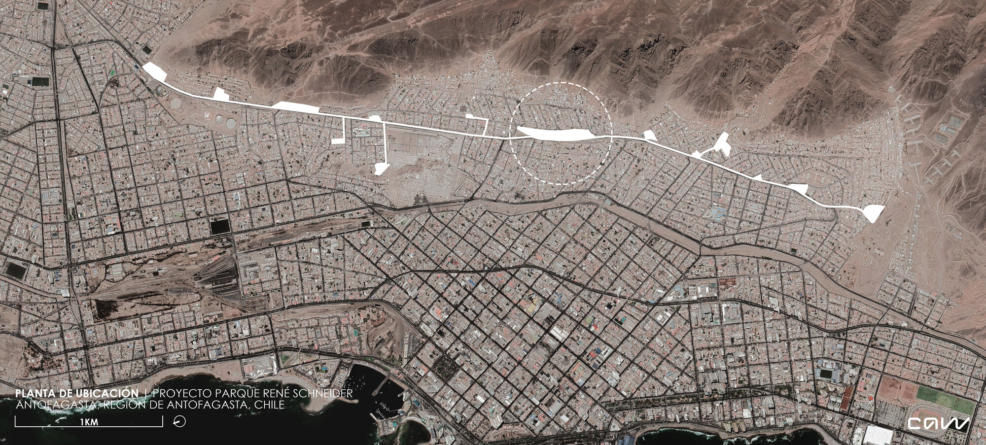 Location plan drawing over satellite imagery showing a long linear park threaded through a dense street grid below arid hills
