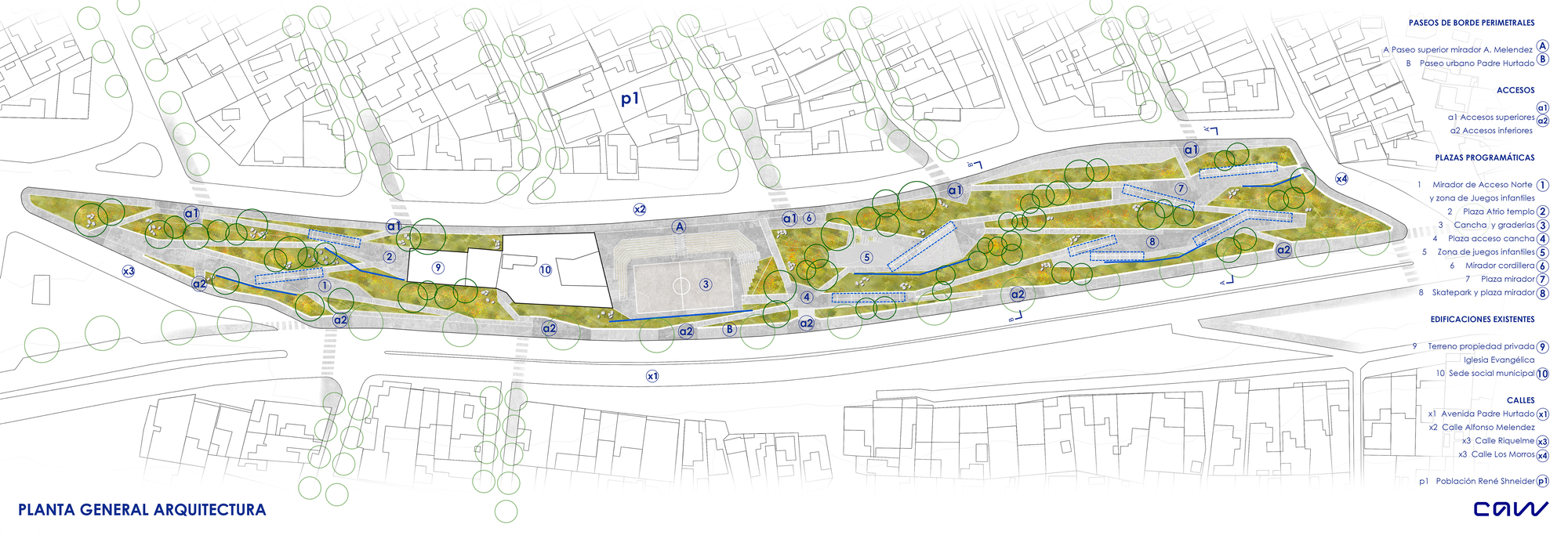 General architectural plan drawing of an elongated park with labeled plazas, access points, a sports court and planted slopes