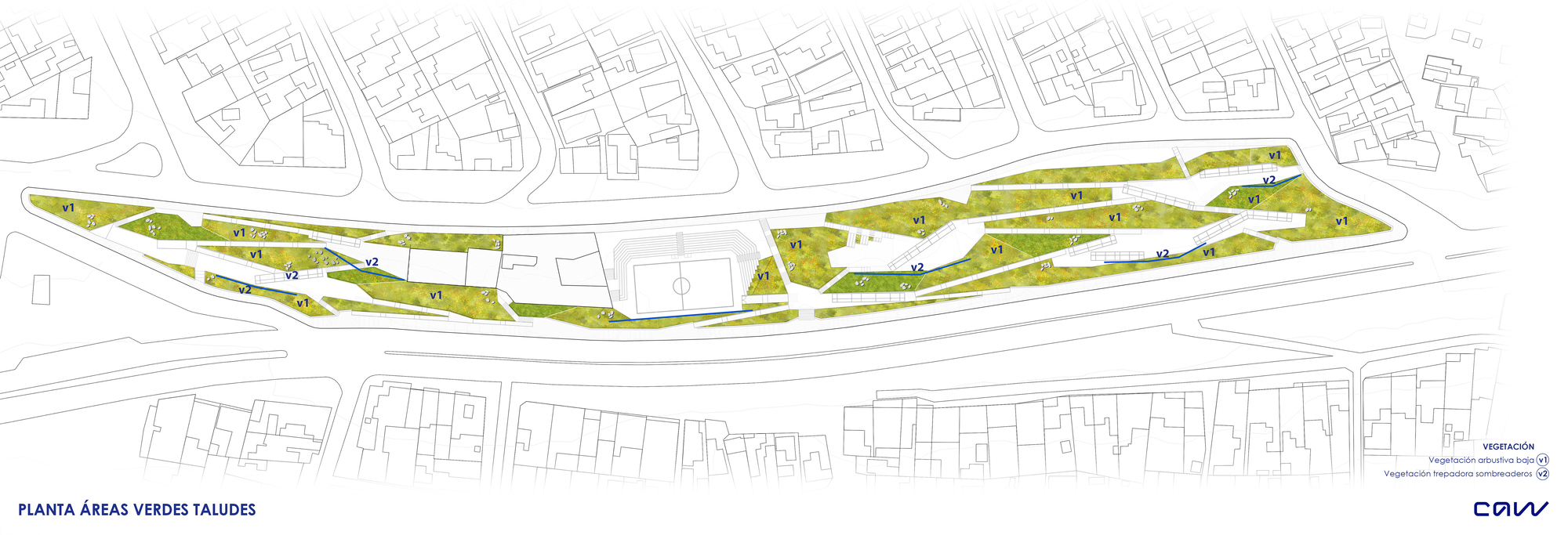 Plan drawing of the green slope areas in yellow-green, distinguishing low planting from climbing vegetation on shade structures