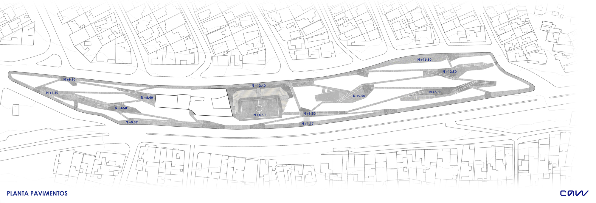 Paving plan drawing of an elongated hillside park showing terrace levels with elevation markers, a sports court and surrounding street blocks