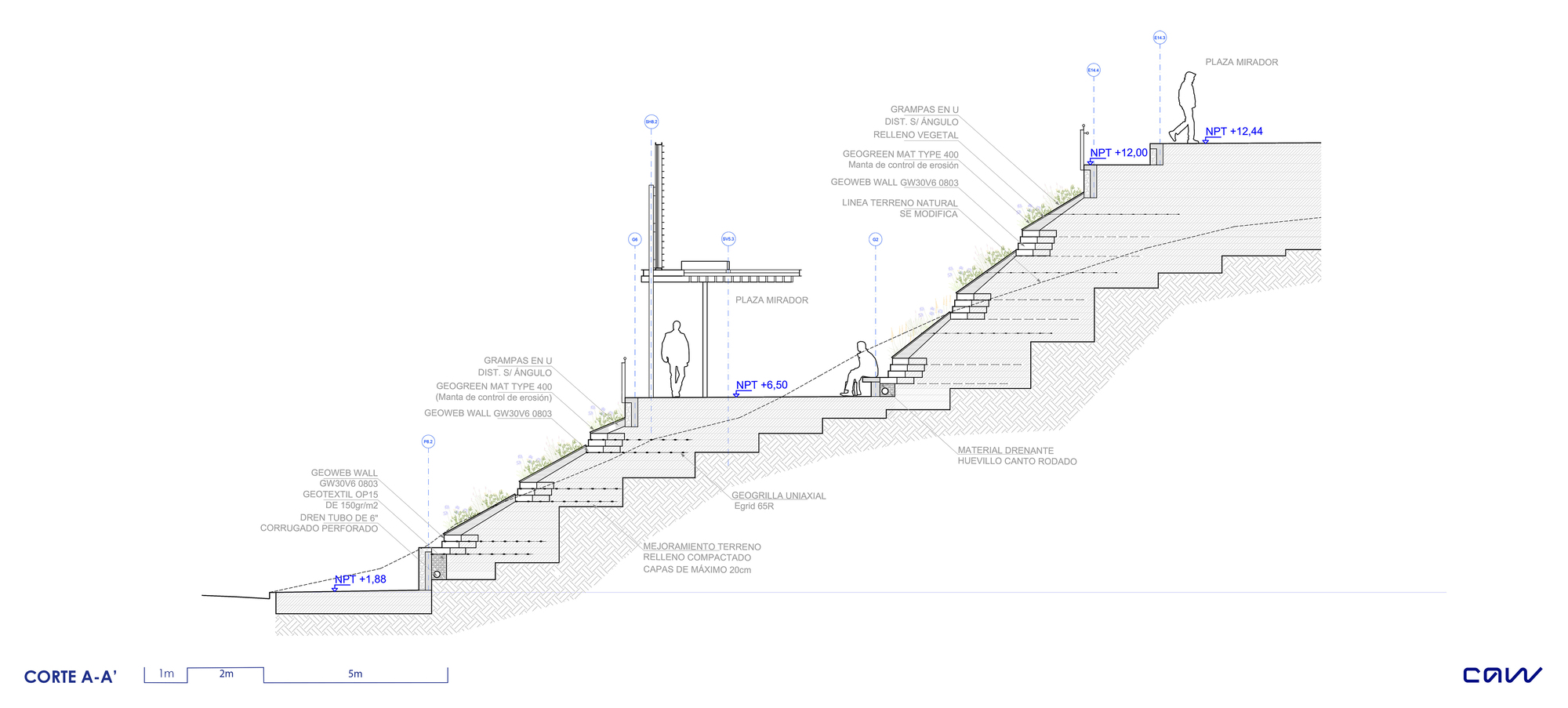 Section drawing A-A of a stepped slope with retaining walls, geoweb planted banks, a shaded lookout plaza and figures on the terraces