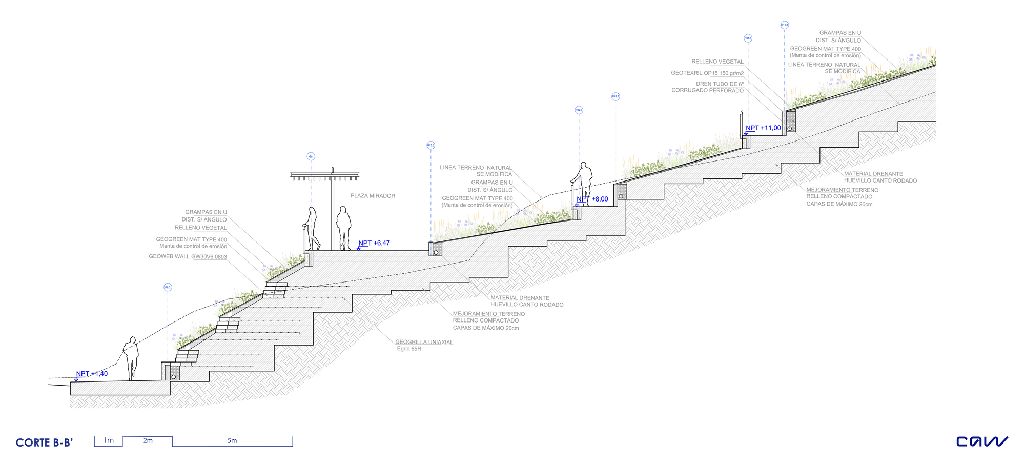 Section drawing B-B of a terraced hillside with stepped retaining walls, vegetated slopes, a pergola lookout plaza and people on each level