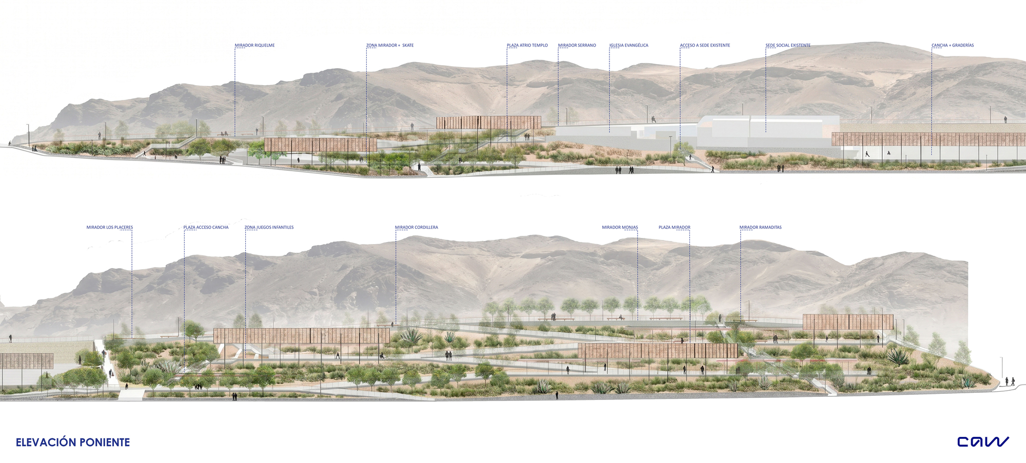 Two west elevation drawings of the terraced park against a dry mountain ridge, with labeled lookouts, timber screens and planting