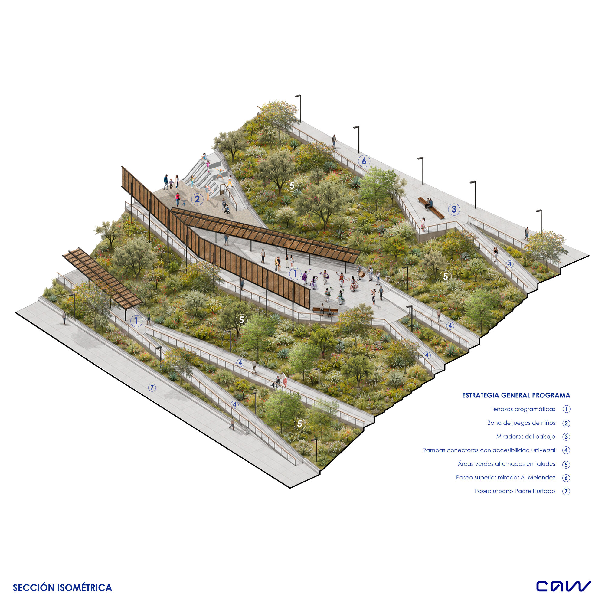 Isometric section drawing of the terraced park with ramps, timber screens, a central plaza with people, play area and dense planted slopes