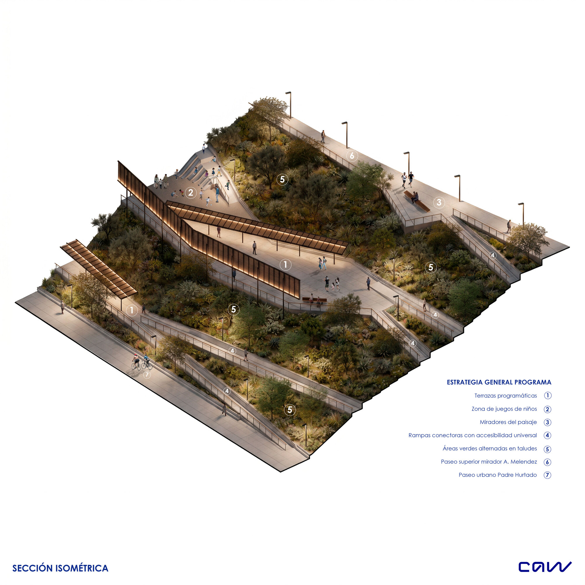 Isometric section drawing of a planted hillside park with zigzag ramps, terraces, a play area and canopy shelters, lit at dusk
