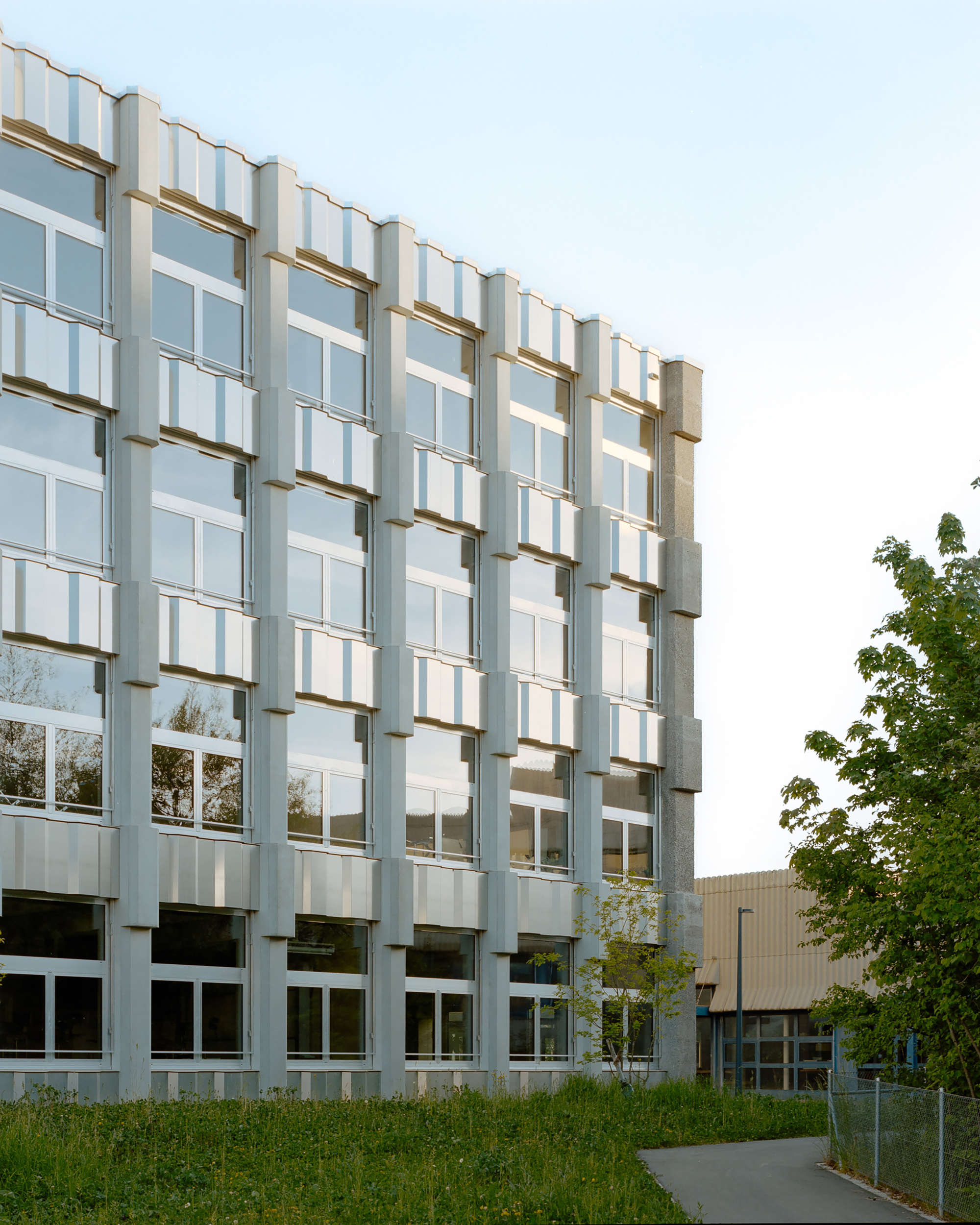 Corner of a five-storey facade with concrete piers and ribbed panels between windows, seen over grass in evening light