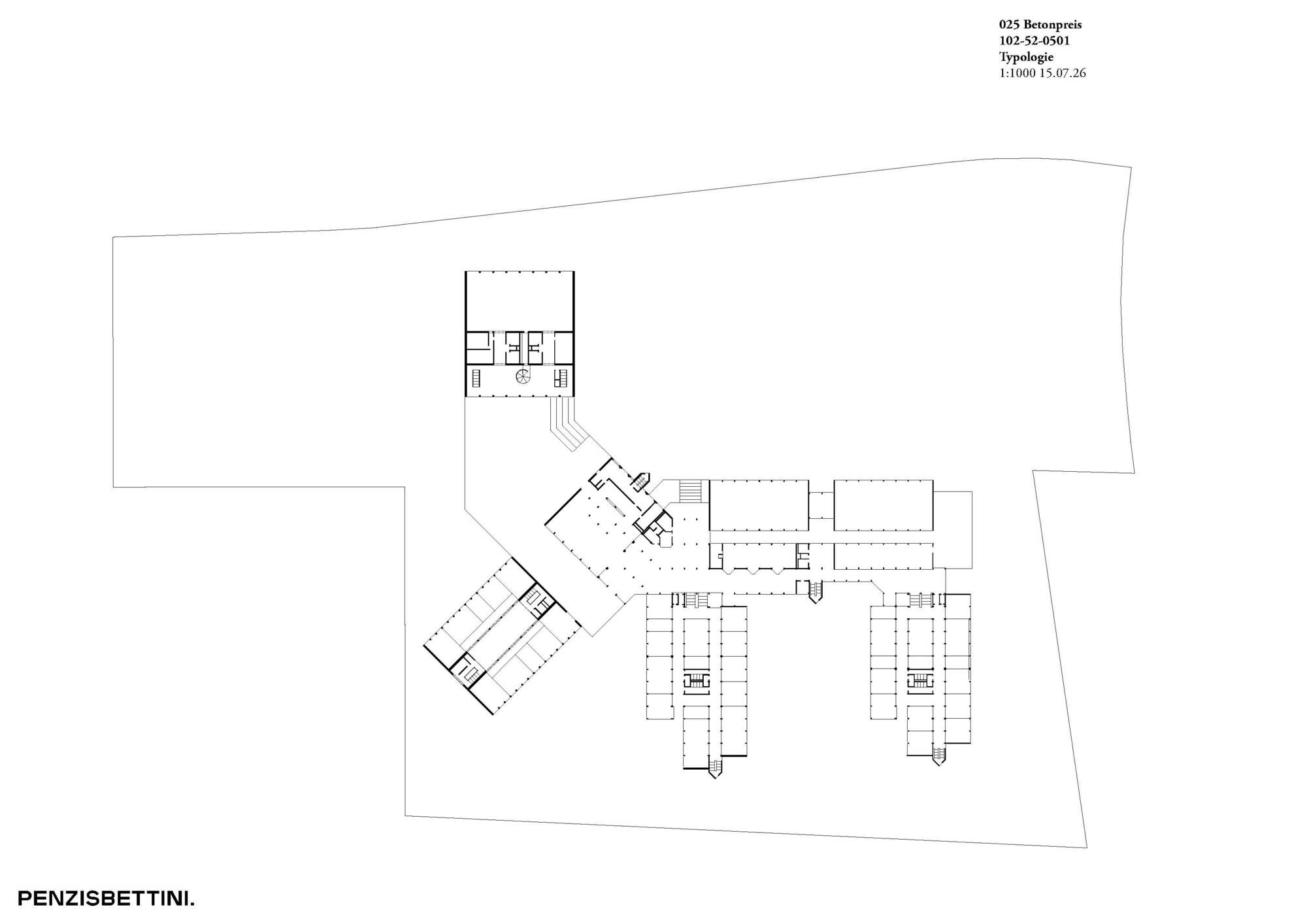 Site plan drawing at 1:1000 showing angled wings and courtyard blocks of a building complex within its irregular plot outline