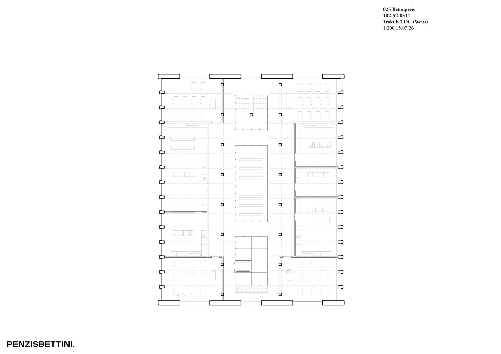 Floor plan drawing of a first-floor wing with a central core, stair and lift, and rooms lined along both facades