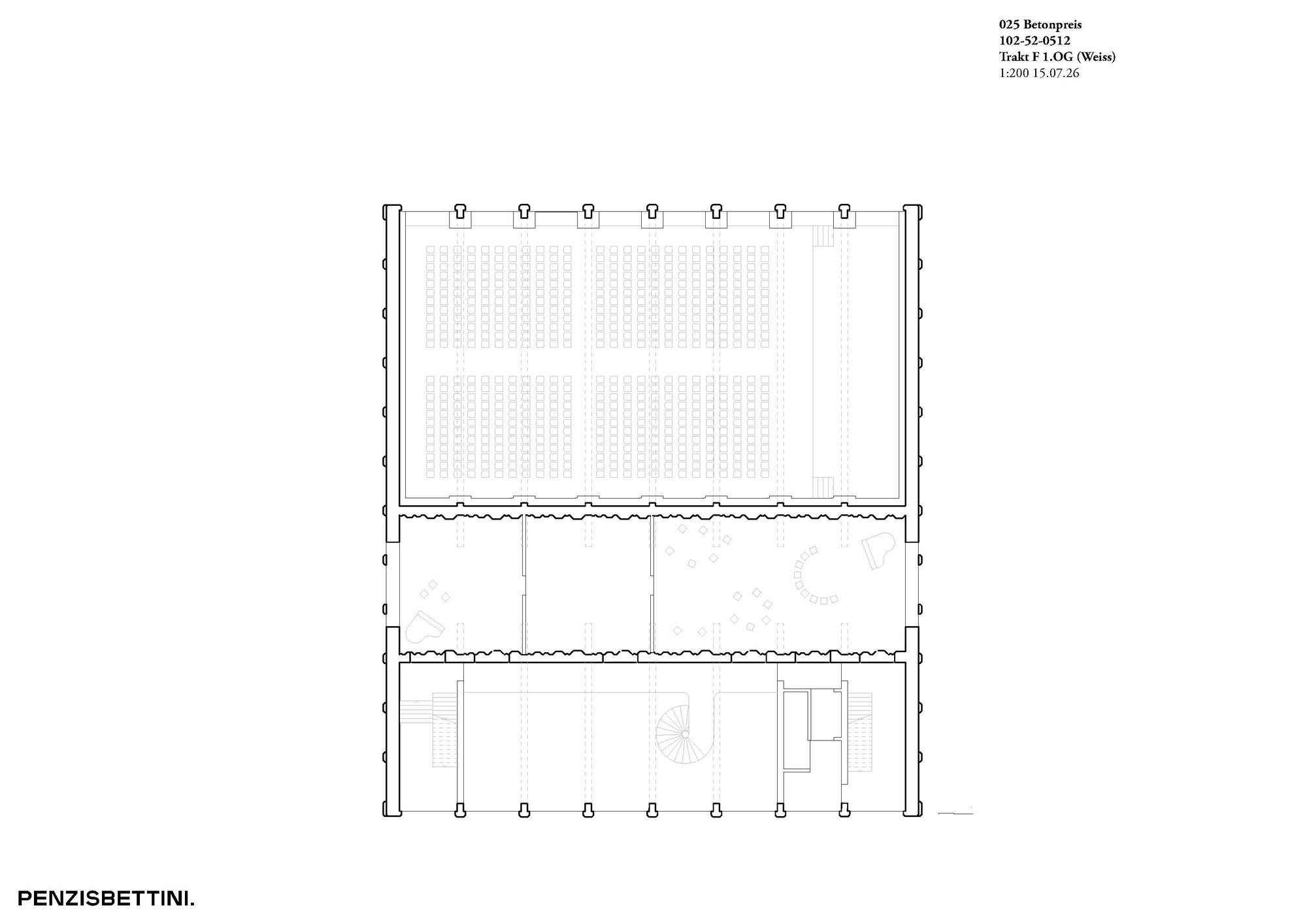 Floor plan drawing of a wing with a tiered lecture hall, a middle foyer with scattered furniture, and a spiral stair