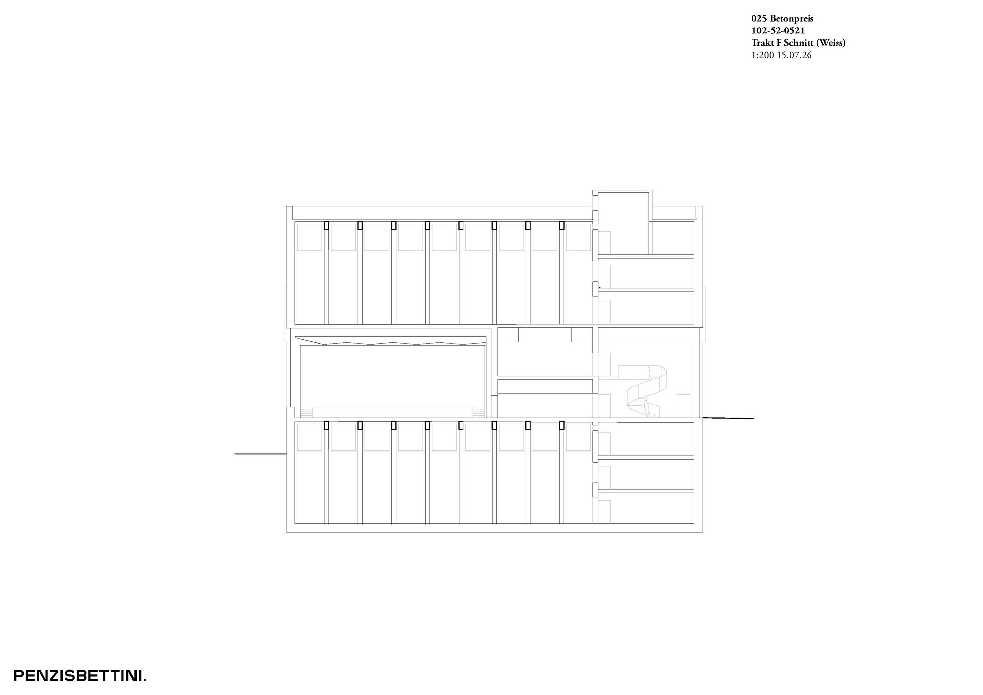 Section drawing through a wing showing two stacked ribbed halls, a central void with a spiral stair, and side rooms