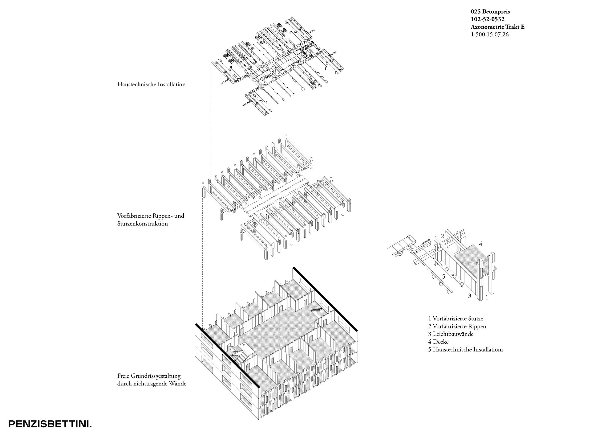 Exploded axonometric drawing separating building services, prefabricated ribs and columns, and the floor plan of non-load-bearing walls