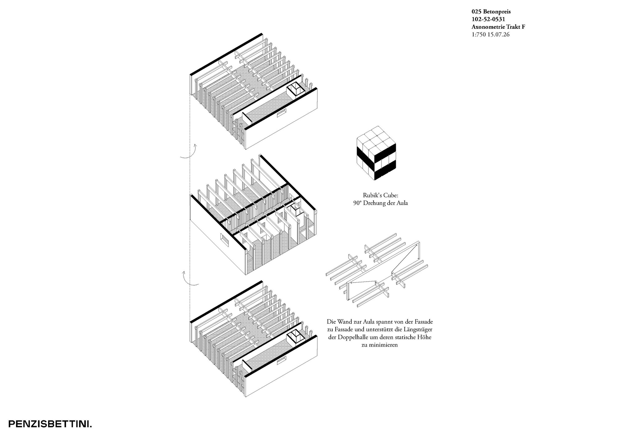 Exploded axonometric drawing of three stacked floors beside a Rubik's cube diagram showing a 90-degree rotation of the hall