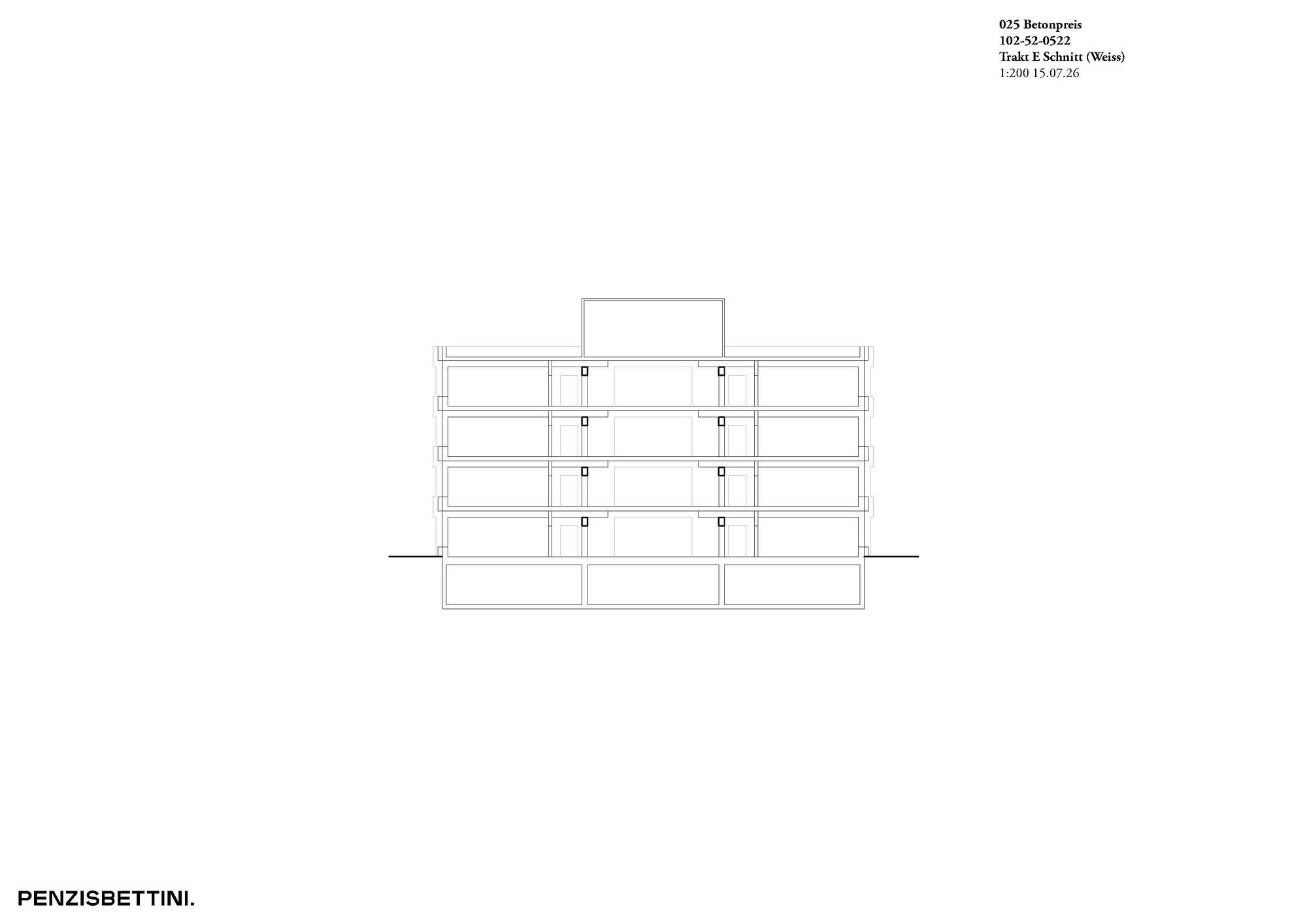 Section drawing of a four-storey block above a lower base level, with a small volume rising on the roof