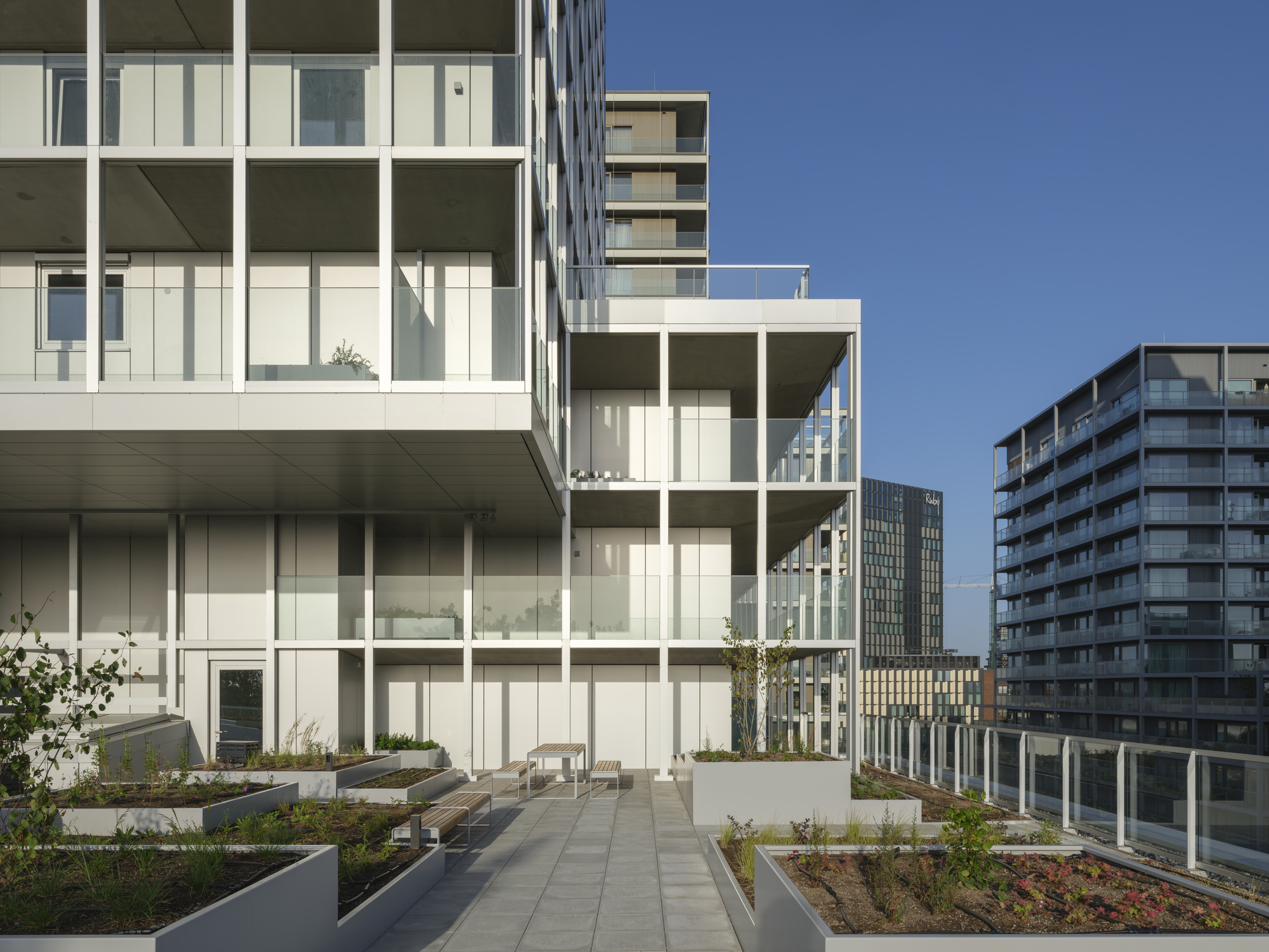 Podium roof terrace with wooden benches and planter beds below a tower of white framed balconies in low evening light