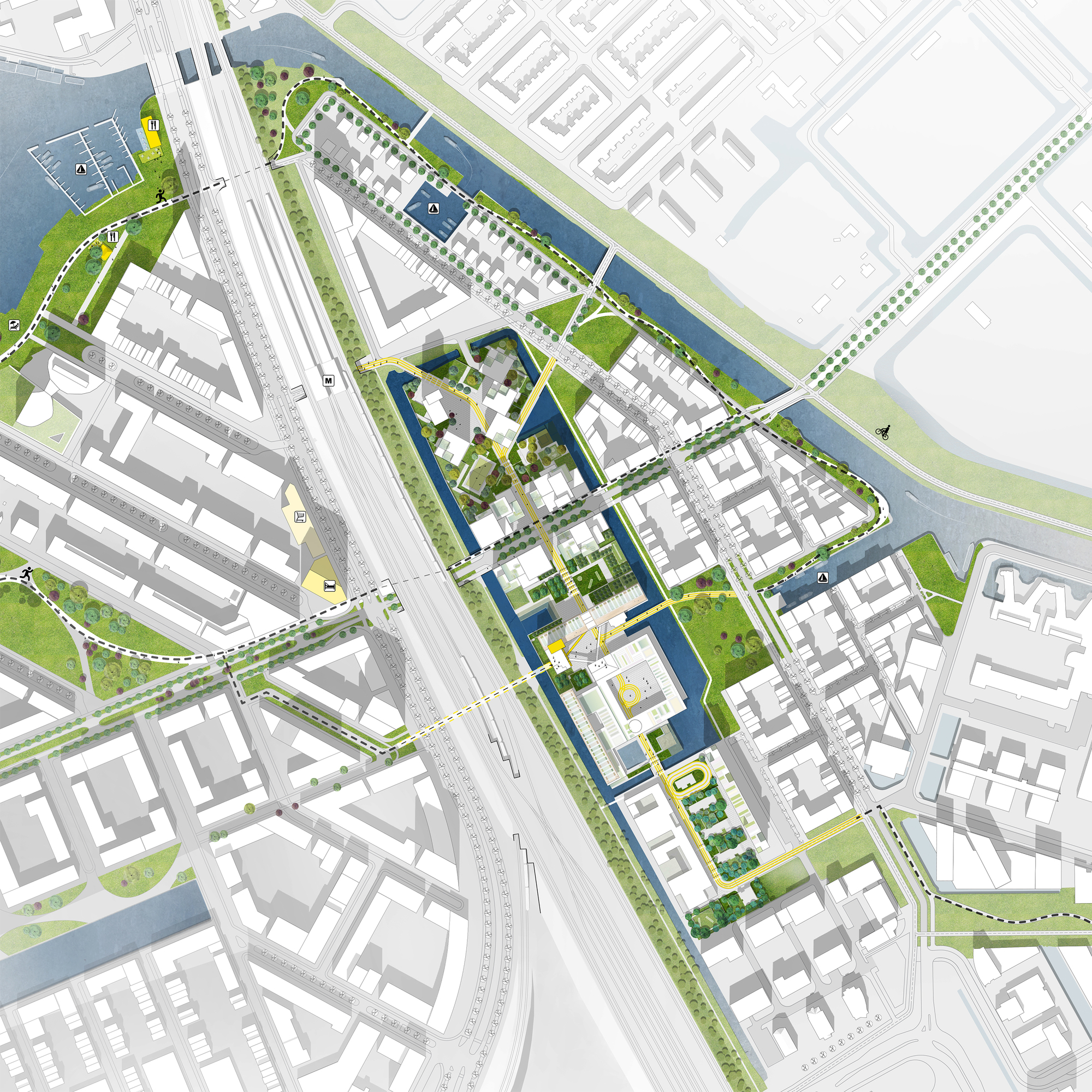 Colored site plan drawing showing a canal-ringed island of buildings and gardens among surrounding housing blocks, rail lines and green paths