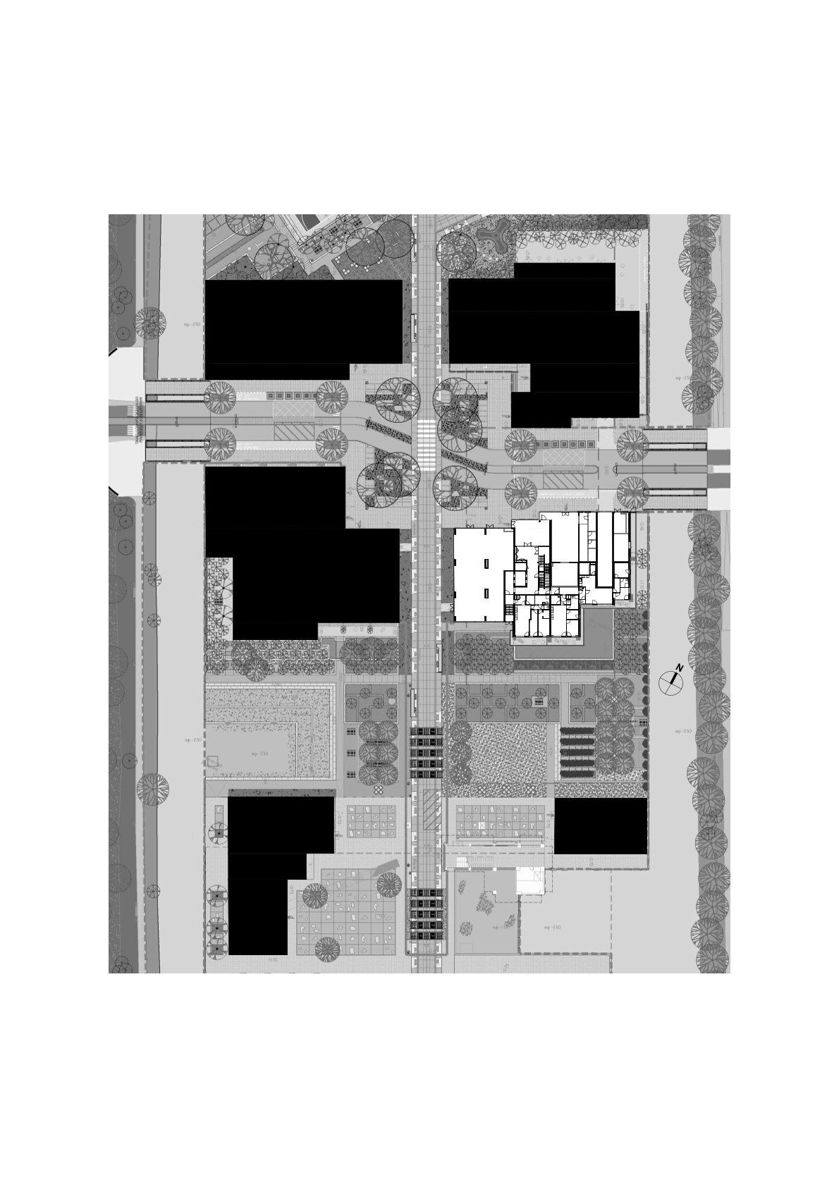 Black and white ground-level site plan drawing showing building footprints, a central pedestrian axis, bridges, planted courtyards and tree canopies