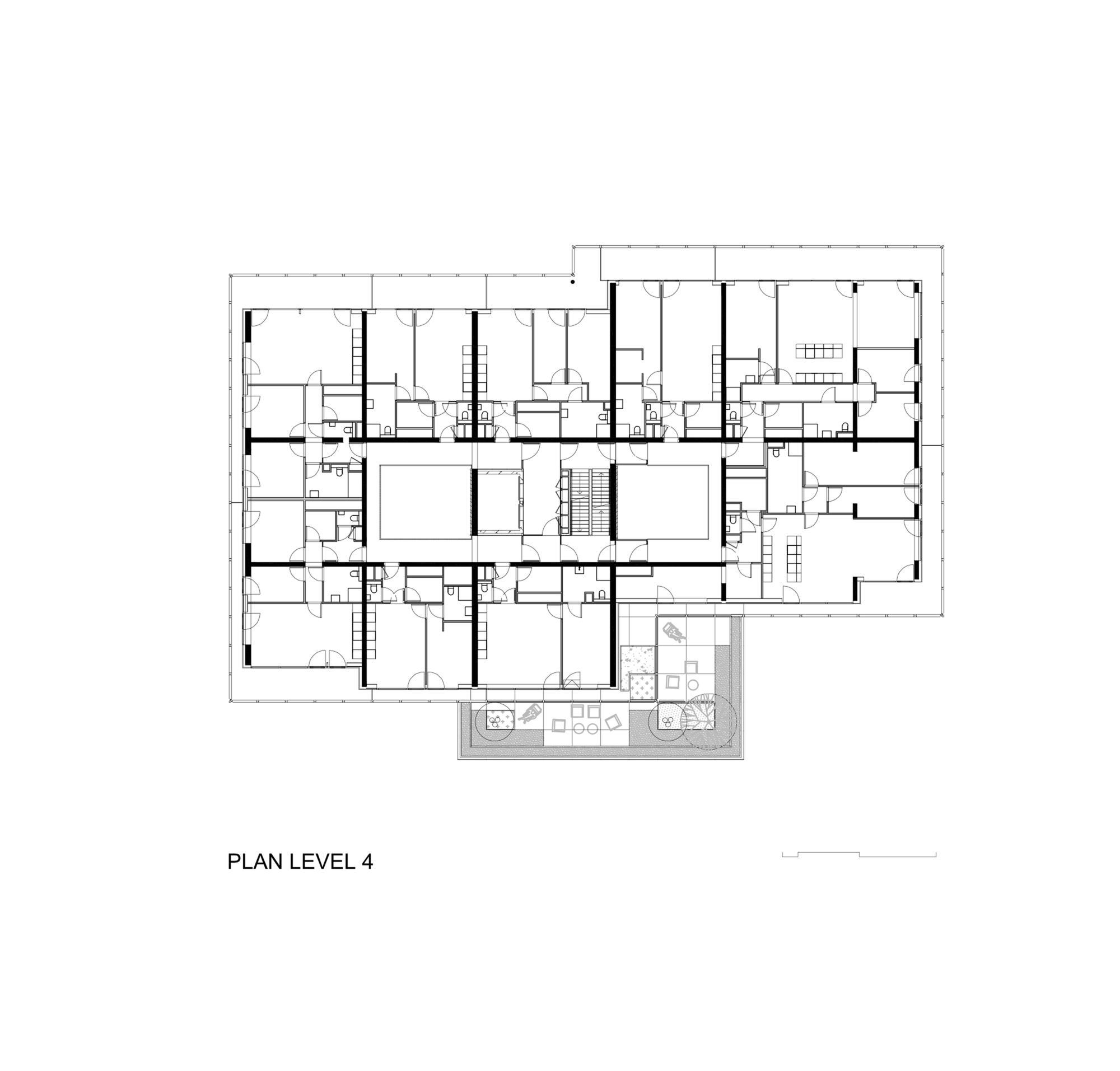 Floor plan drawing of level 4 showing apartments around a central core, with a small terrace of paving and planters