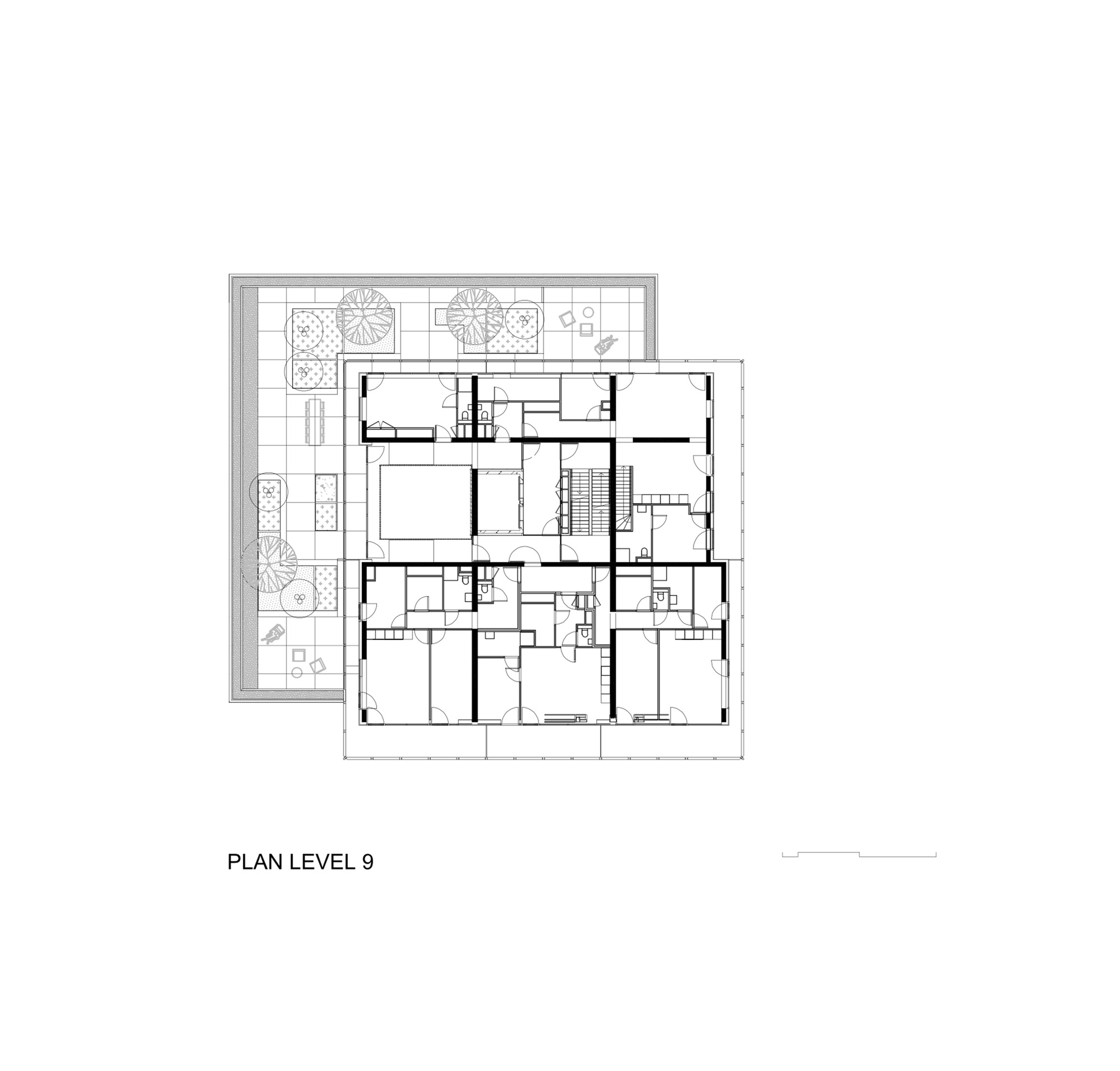 Floor plan drawing of level 9 showing apartment units around a central stair core beside a planted roof terrace