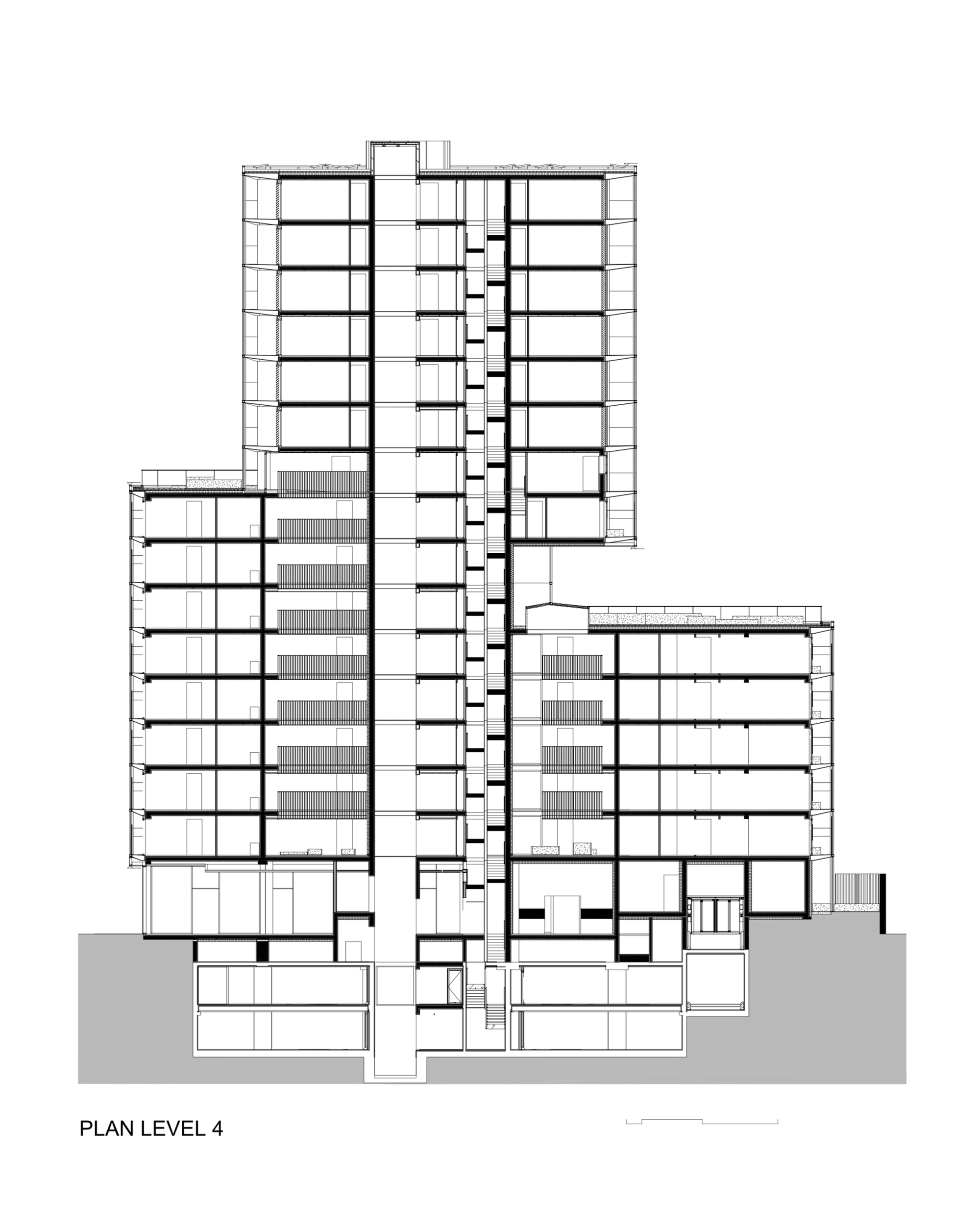 Building section drawing cutting through a tall central core with stacked floors in three offset volumes above a basement