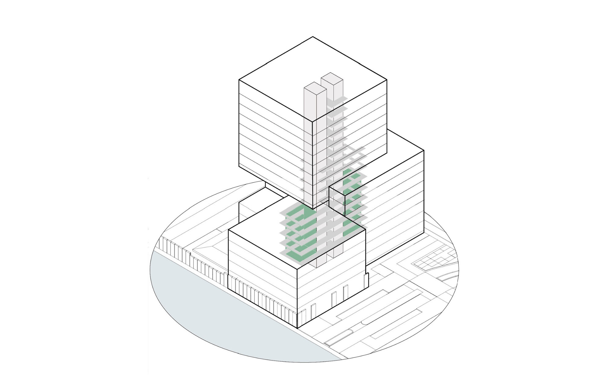 Axonometric drawing of three stacked cubic volumes with a shared vertical core and green terrace floors at the base