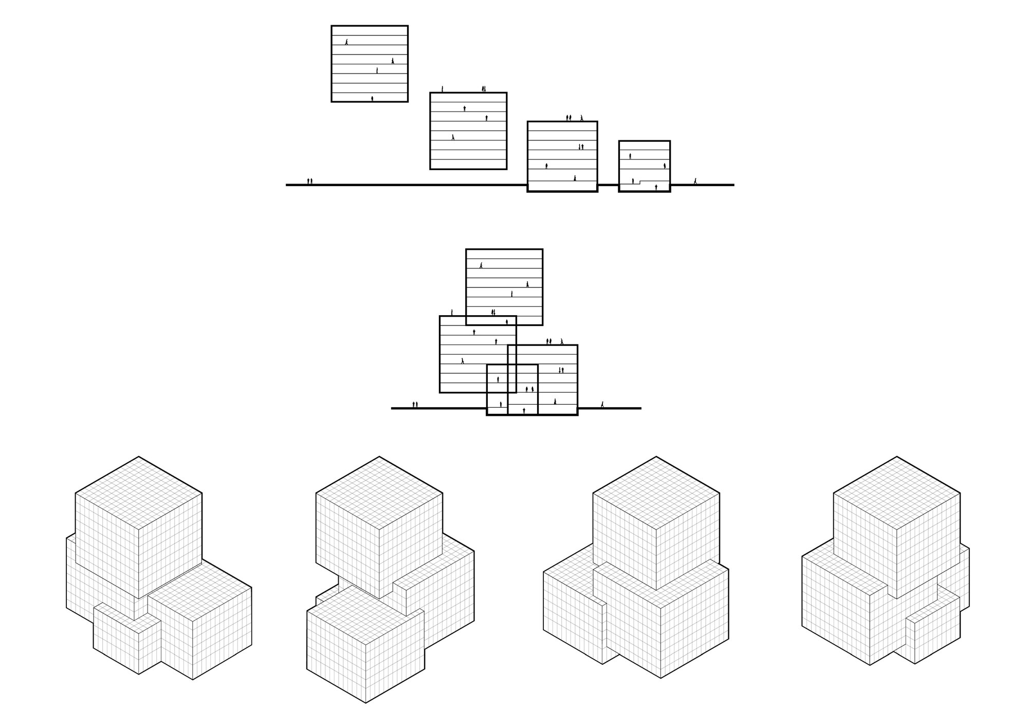 Diagram sheet with elevations and four axonometric views showing offset gridded cubes combined in different arrangements