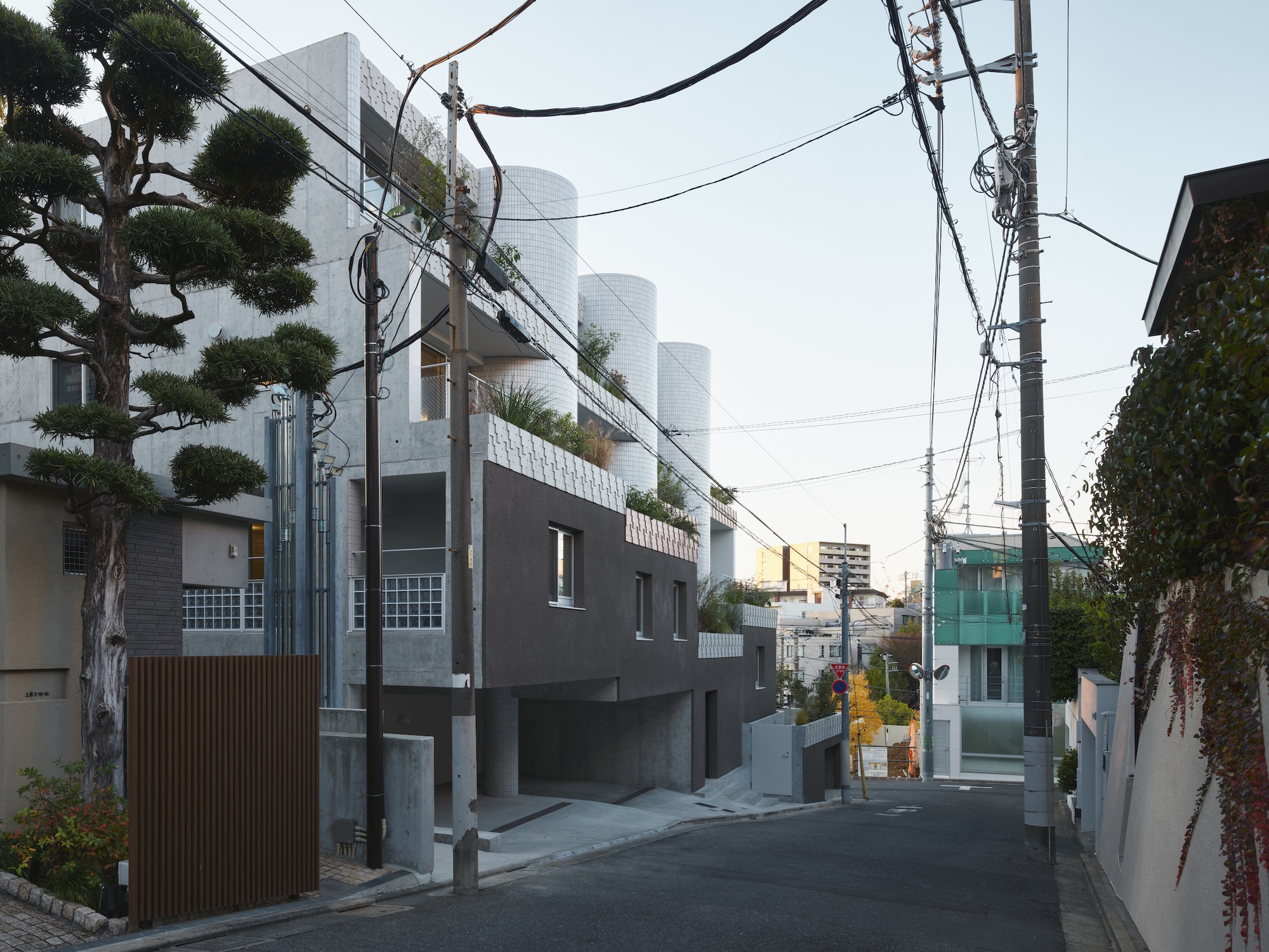 Street view of a stepped apartment block with white tiled cylinders above a dark stucco base, framed by a pruned pine and utility wires at dusk